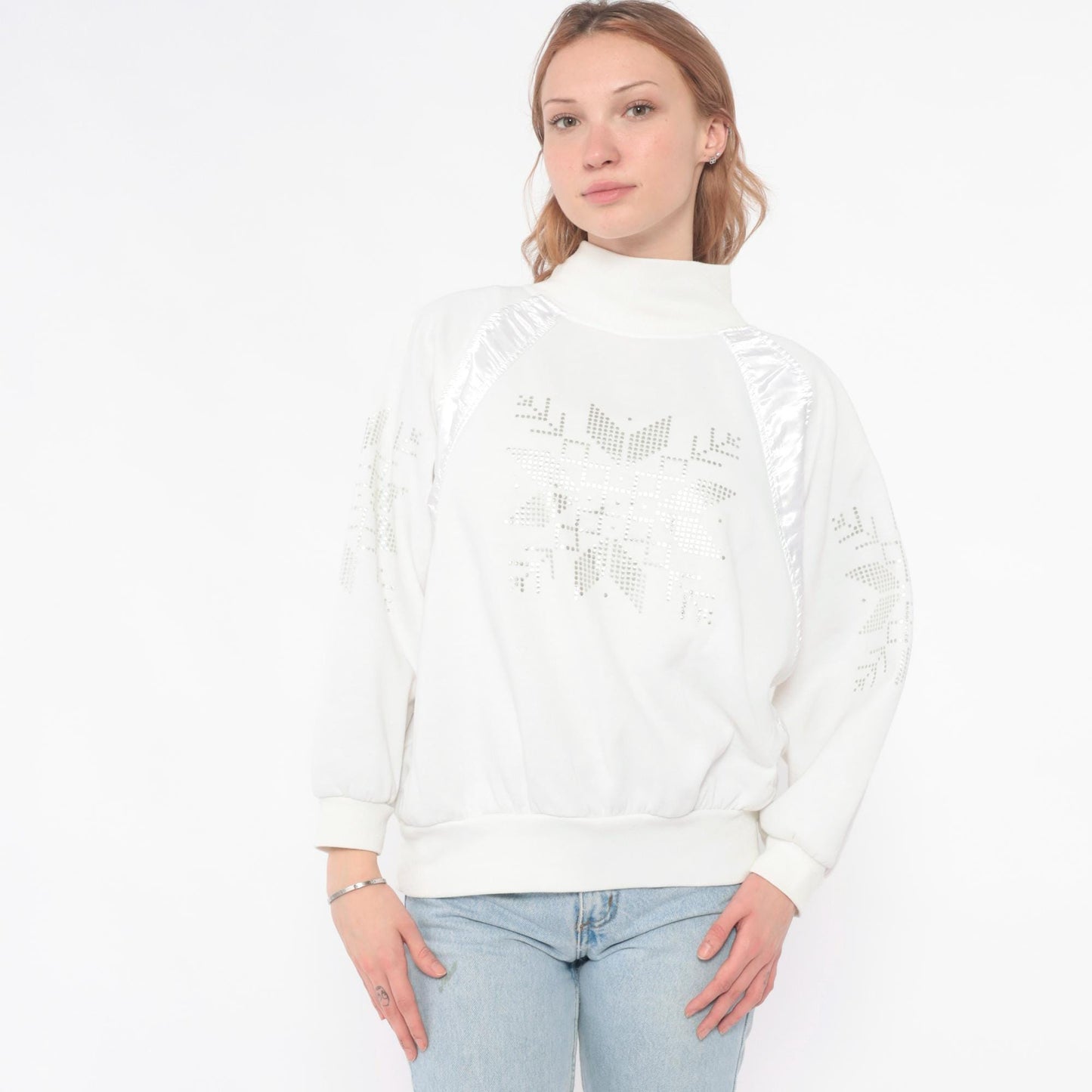 90s Adidas White Rhinestone Snowflake Sweatshirt Satin Panel Medium M