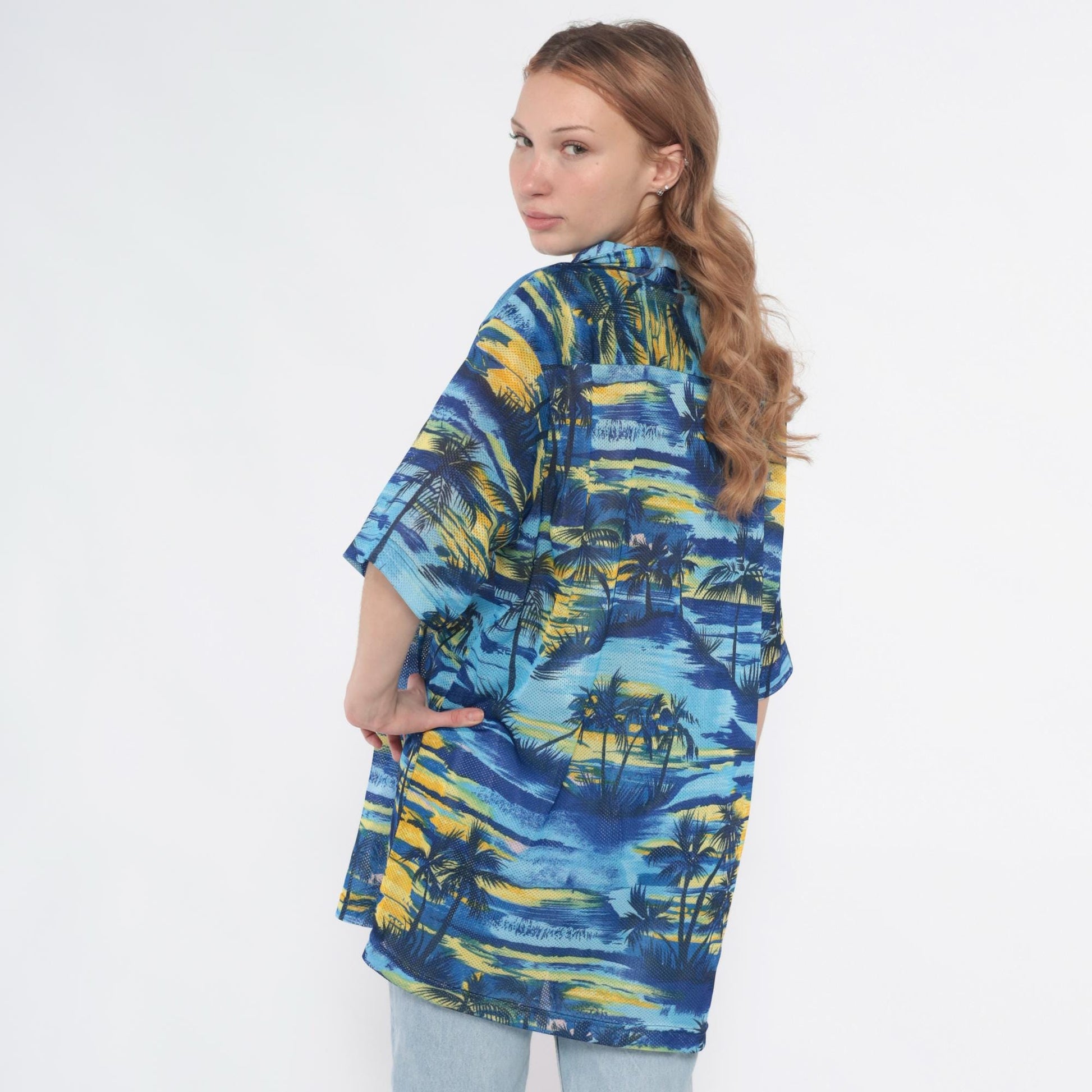 Y2K Pineapple Connection Hawaiian Shirt Blue Yellow Palm Tree Print Large L