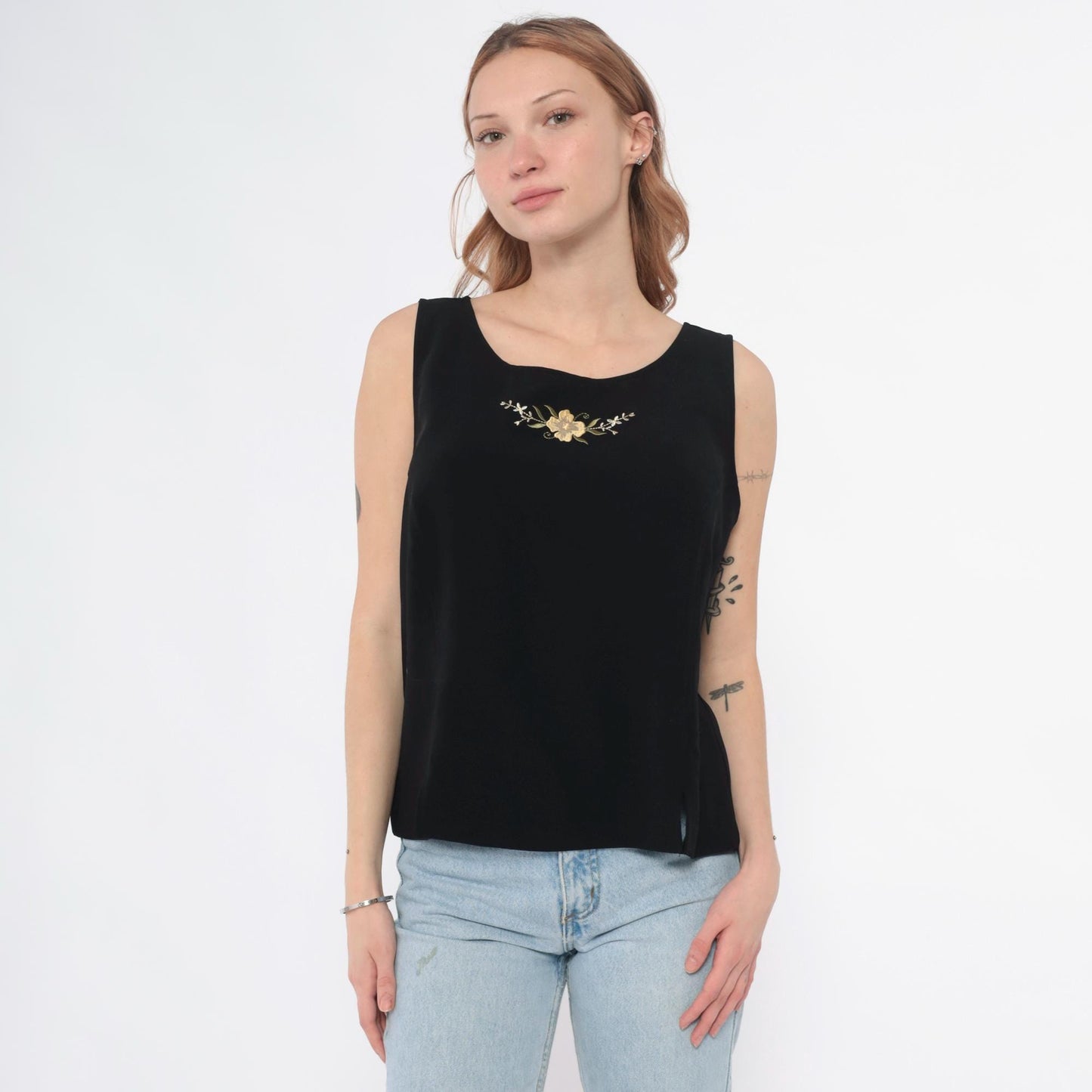 90s Peter Popovitch Black Tank Top Gold Floral Embroidery Large L