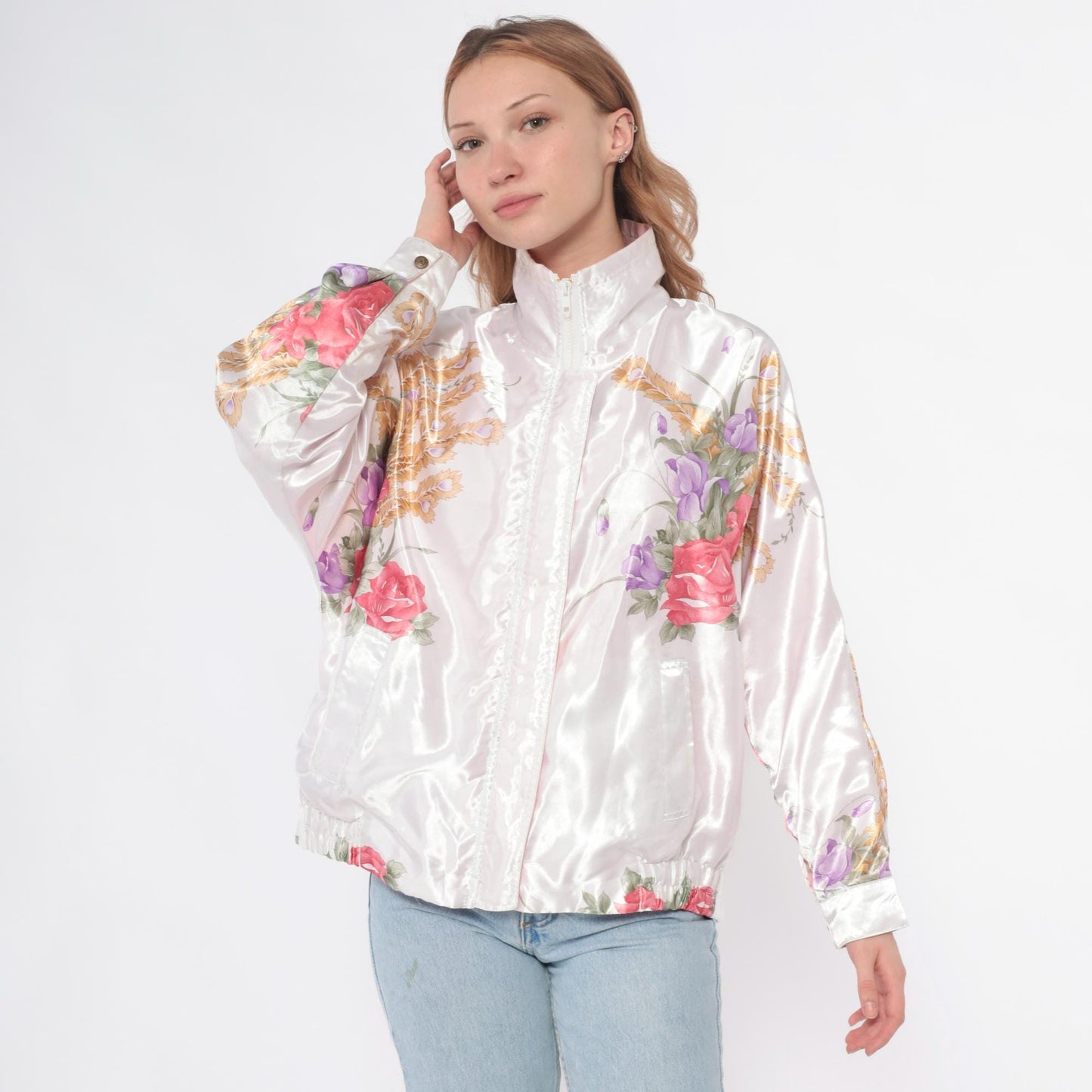 90s Floral Satin Bomber Jacket White Pink Rose Purple Wheat Zip Medium