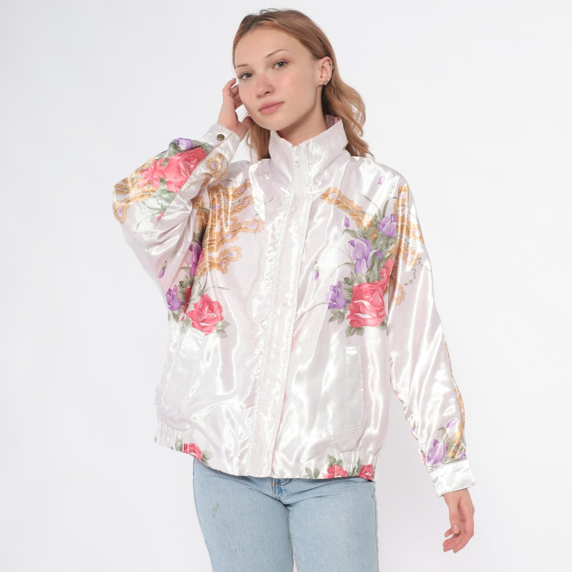 90s Floral Satin Bomber Jacket White Pink Rose Purple Wheat Zip Medium