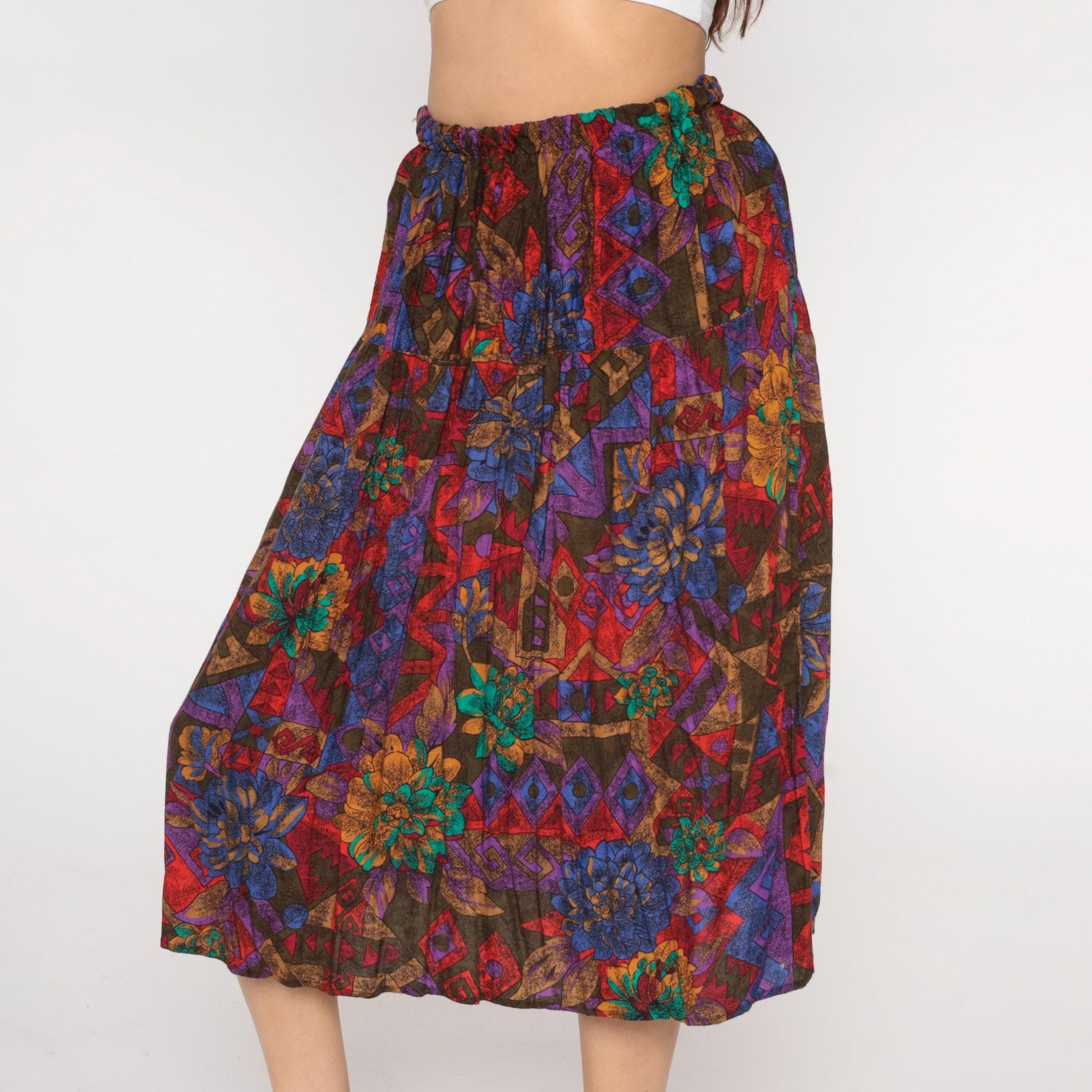 90s Abstract Floral Midi Skirt Multicolor Geometric Print Elastic Waist Plus Size XXXL