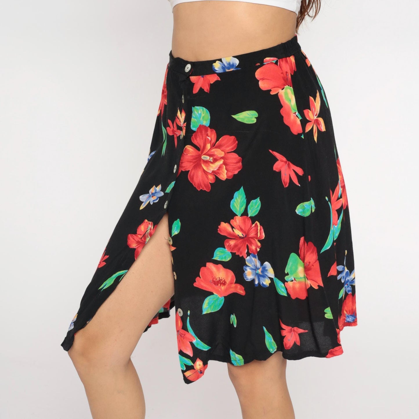 90s Worthington Floral Mini Skirt Black Button Front Tropical Print Large