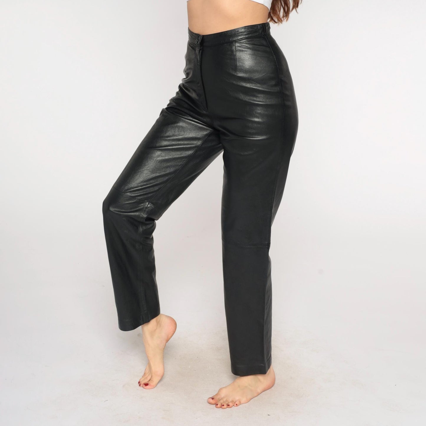 90s Black Leather Pants High Waist Straight Leg Small S