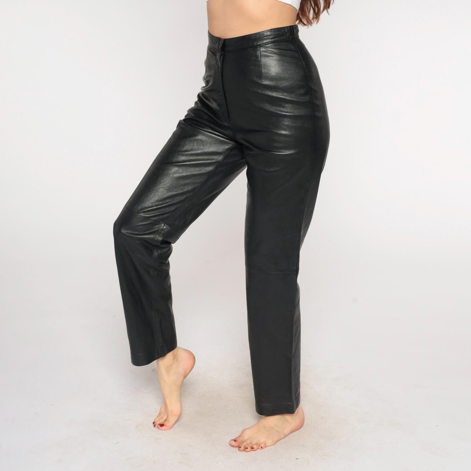90s Black Leather Pants High Waist Straight Leg Small S