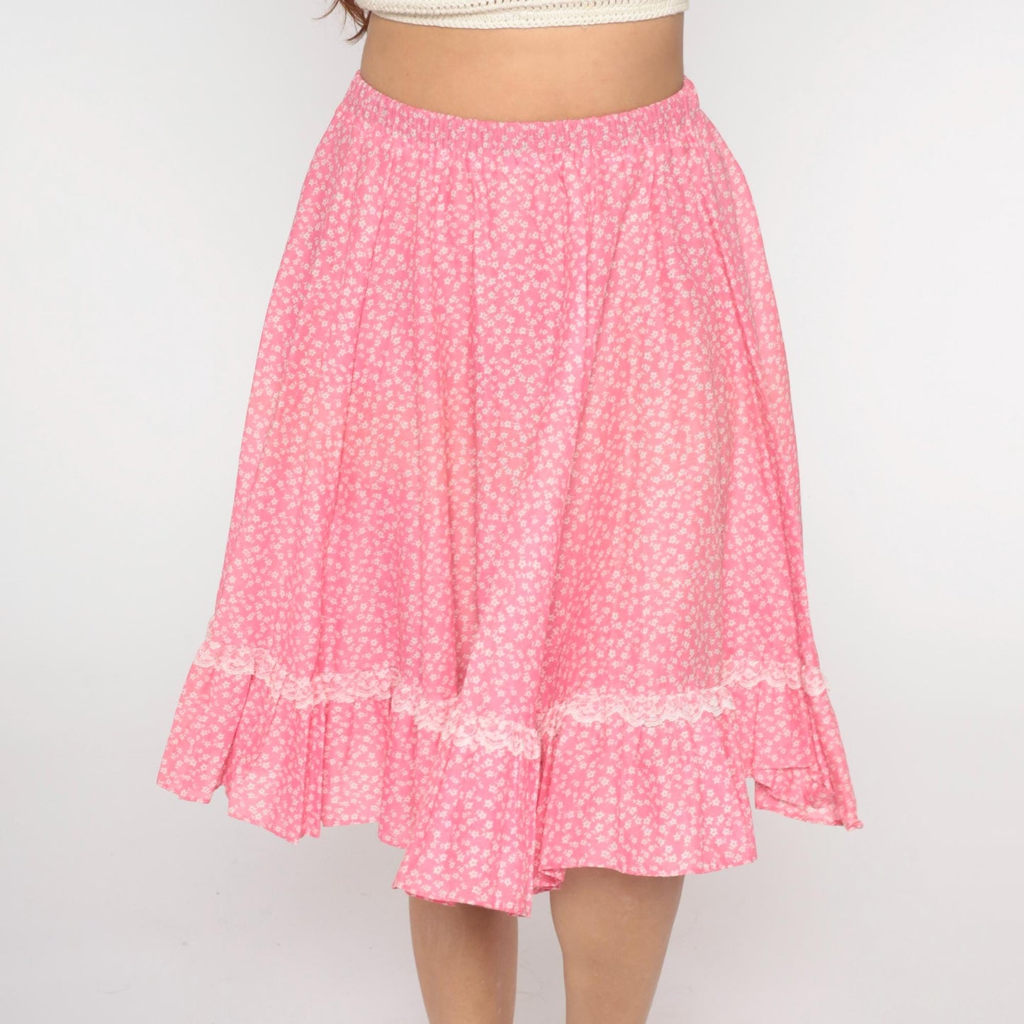 80s Pink Floral Tiered Midi Skirt White Lace Trim Gathered Medium