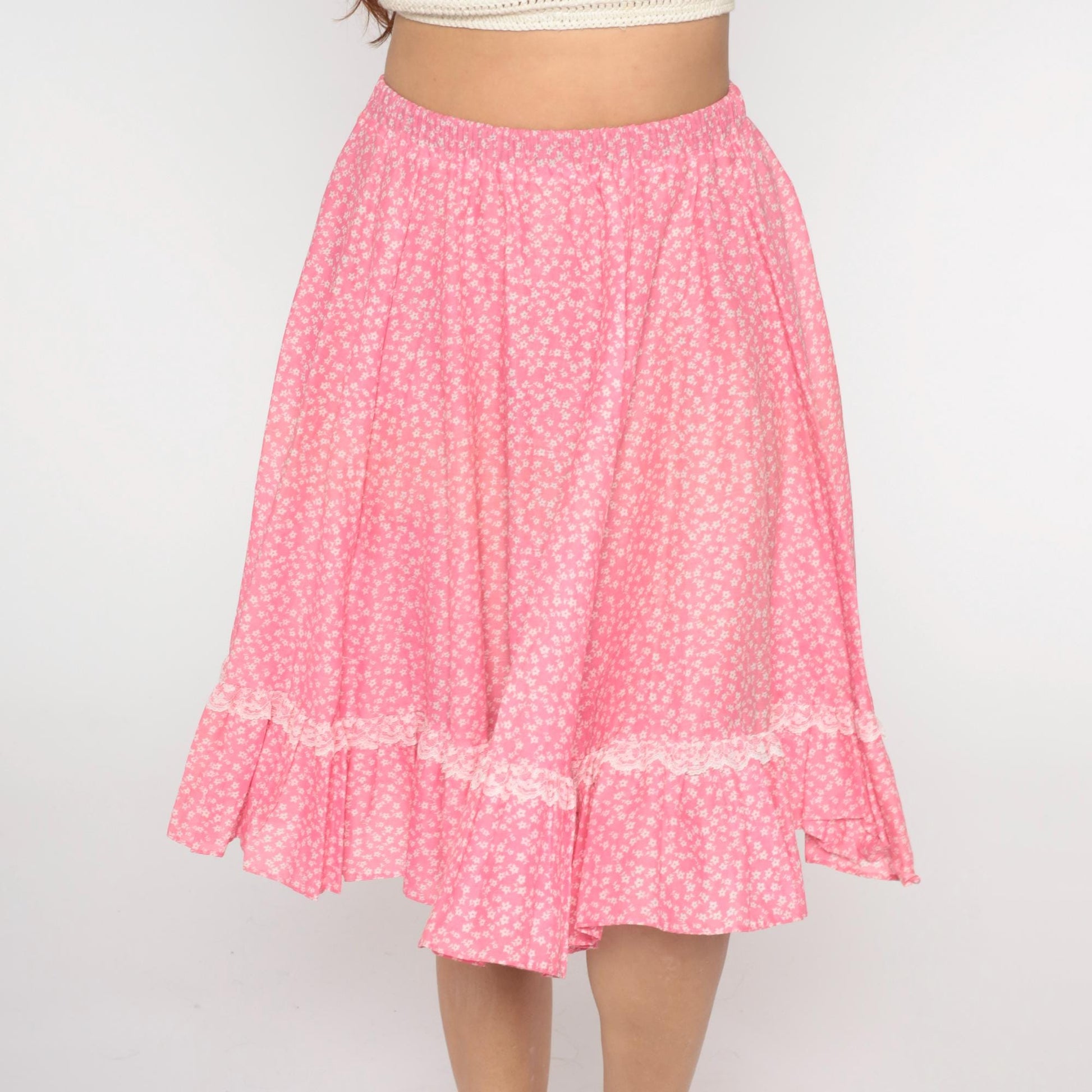 80s Pink Floral Tiered Midi Skirt White Lace Trim Gathered Medium