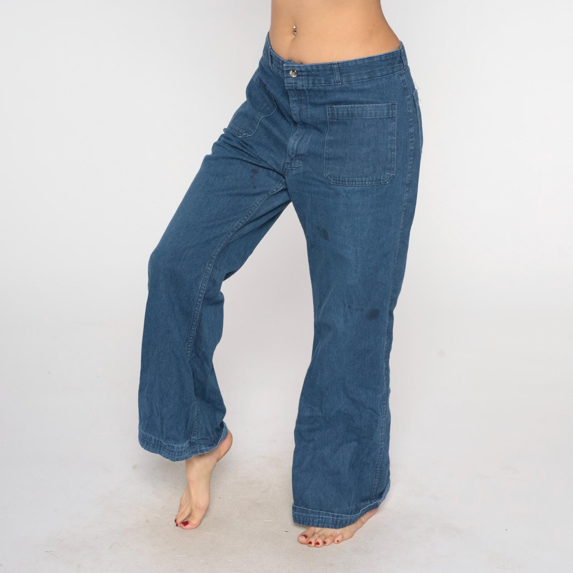 70s Seafarer High Rise Straight Leg Denim Jeans Blue Cotton Large L