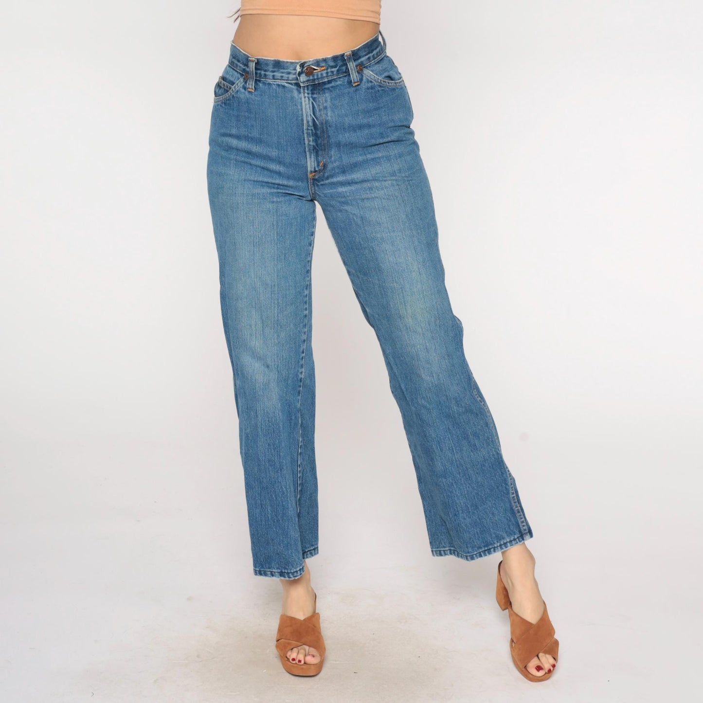 80s H.I.S High Waisted Straight Leg Jeans Medium Blue Orange Stitching Medium