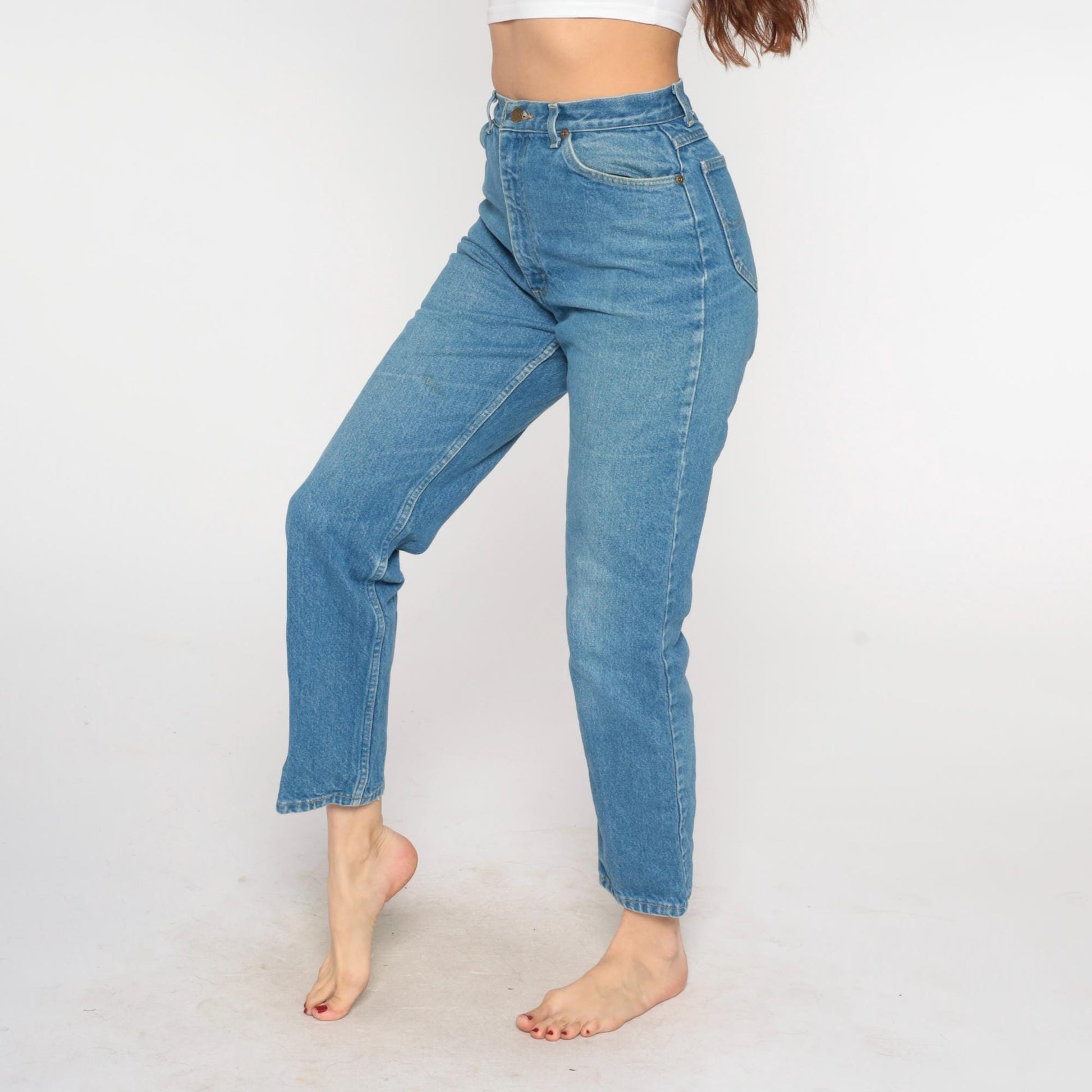 Lee Mom Jeans 80s High Waisted Straight Leg Light Blue Denim Petite 13