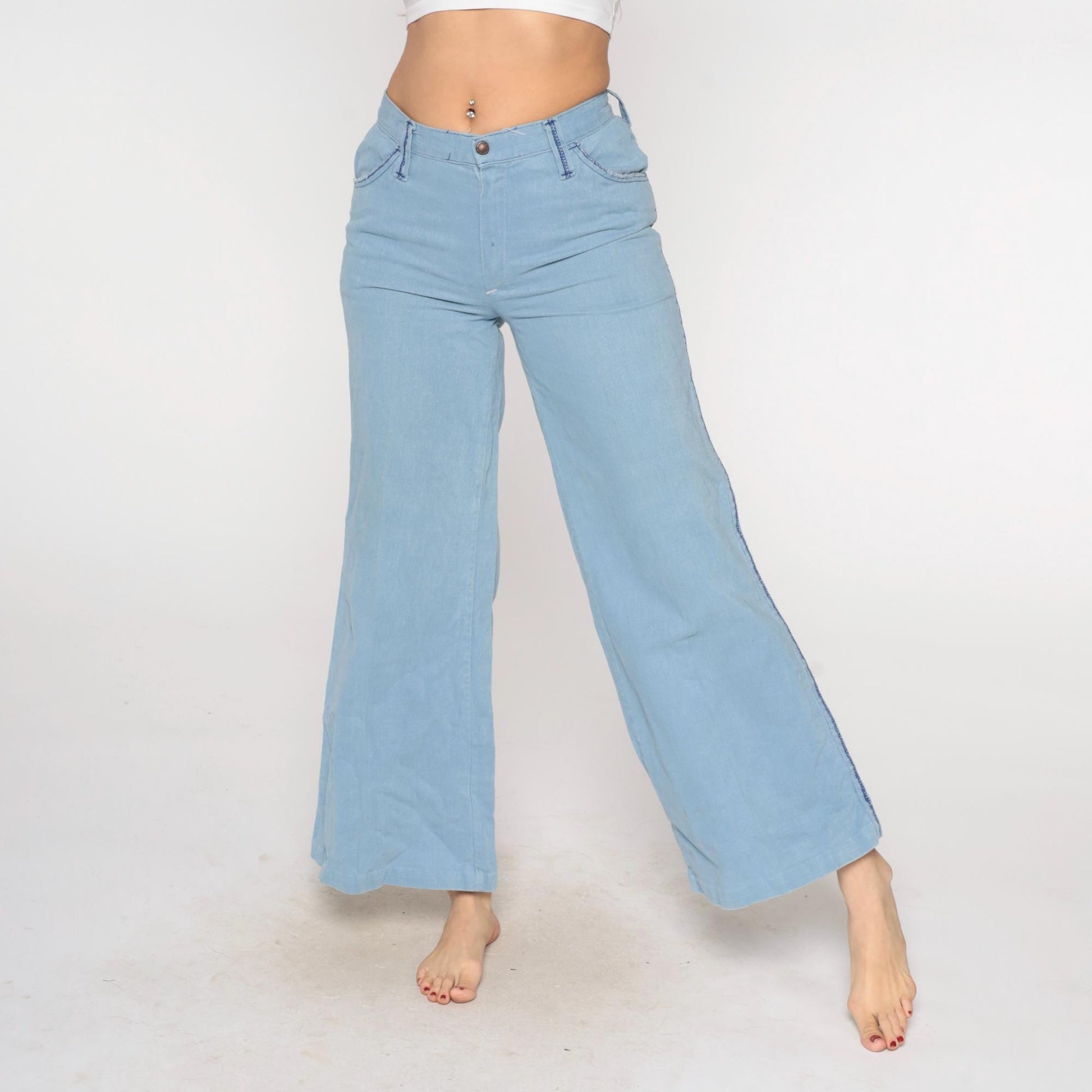 80s Sears Light Blue Denim Bell Bottom Jeans High Waist Flare Small S