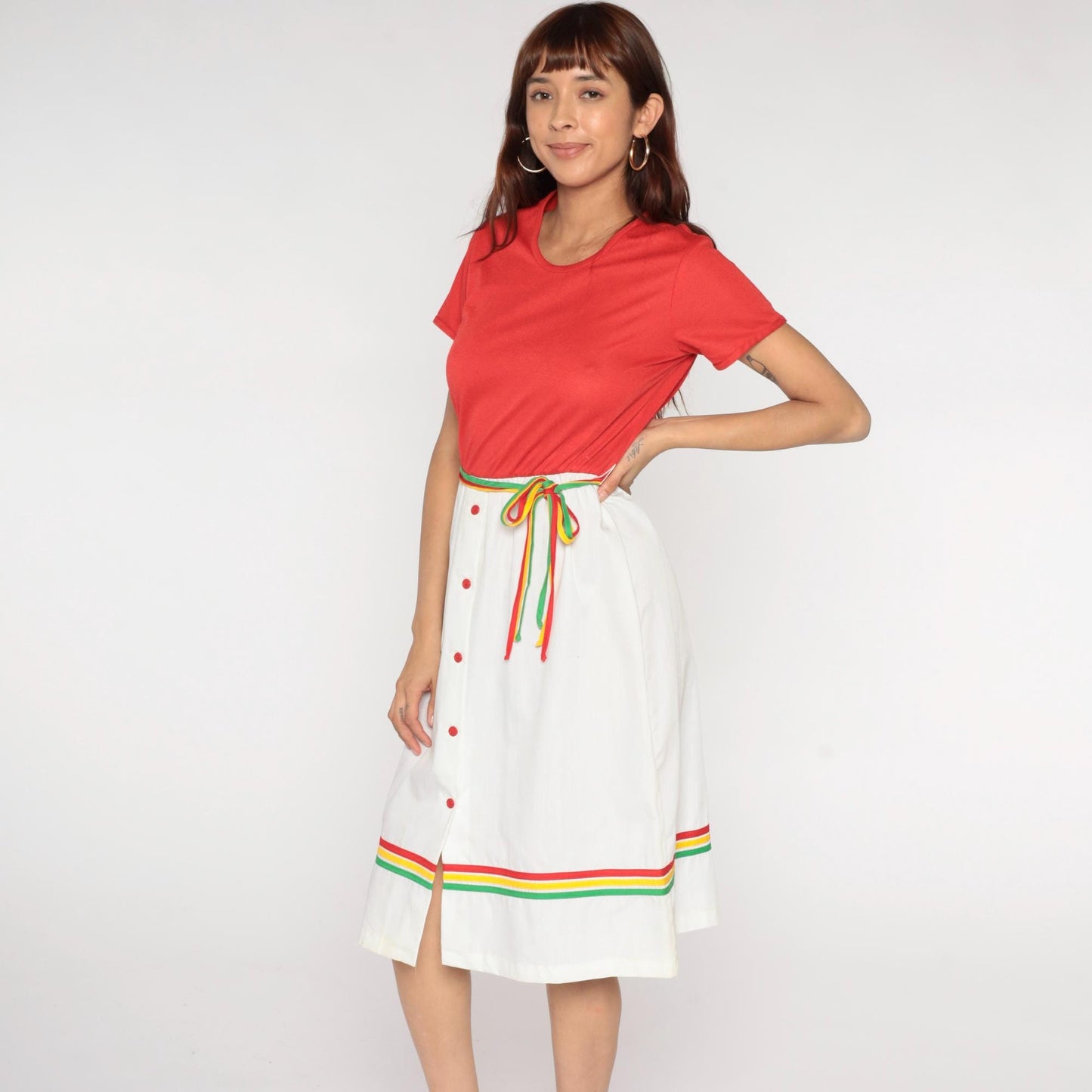 80s Star Shine Colorblock Dress Coral White Rainbow Stripe Belt Large