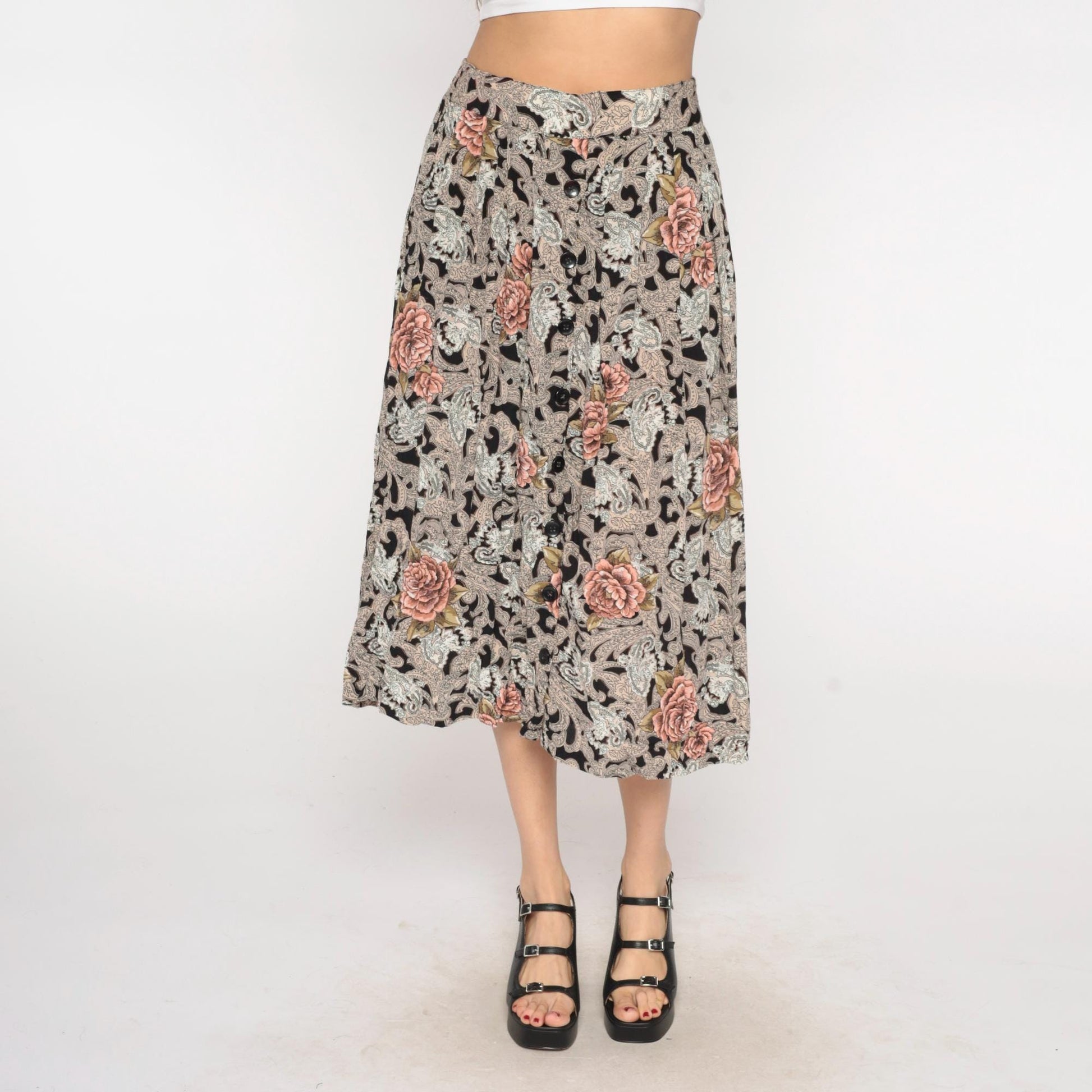 90s Melrose Floral Paisley Midi Skirt Black Pink Elastic Waist Large