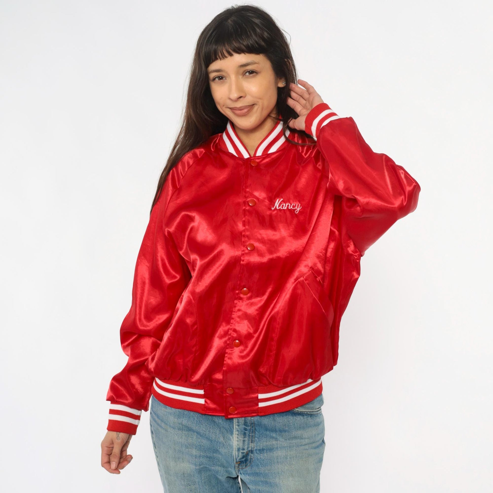 90s Red Satin Bomber Jacket Embroidered Salem Farms Campground Connecticut Large