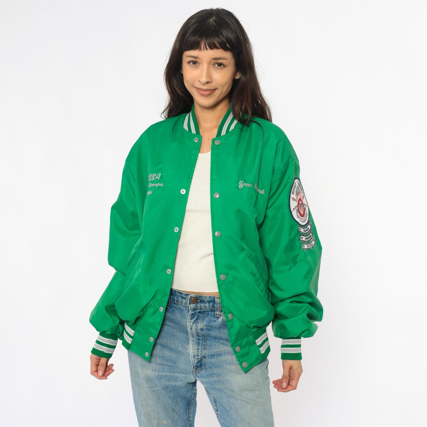 80s Green Varsity Bomber Jacket Embroidered Patches Snap Front Extra Large XL