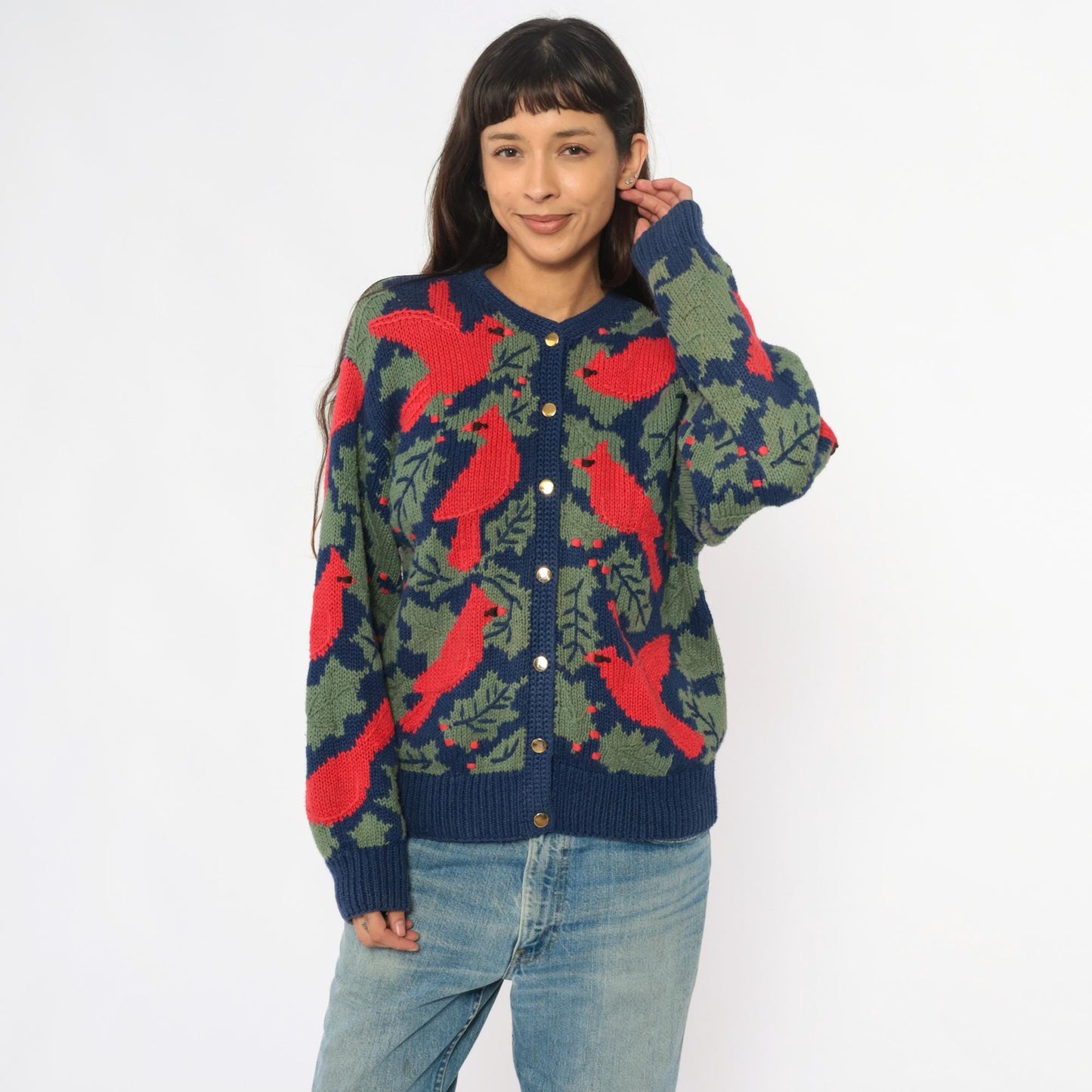 90s Orvis Cardinal Cardigan Navy Botanical Knit Large L