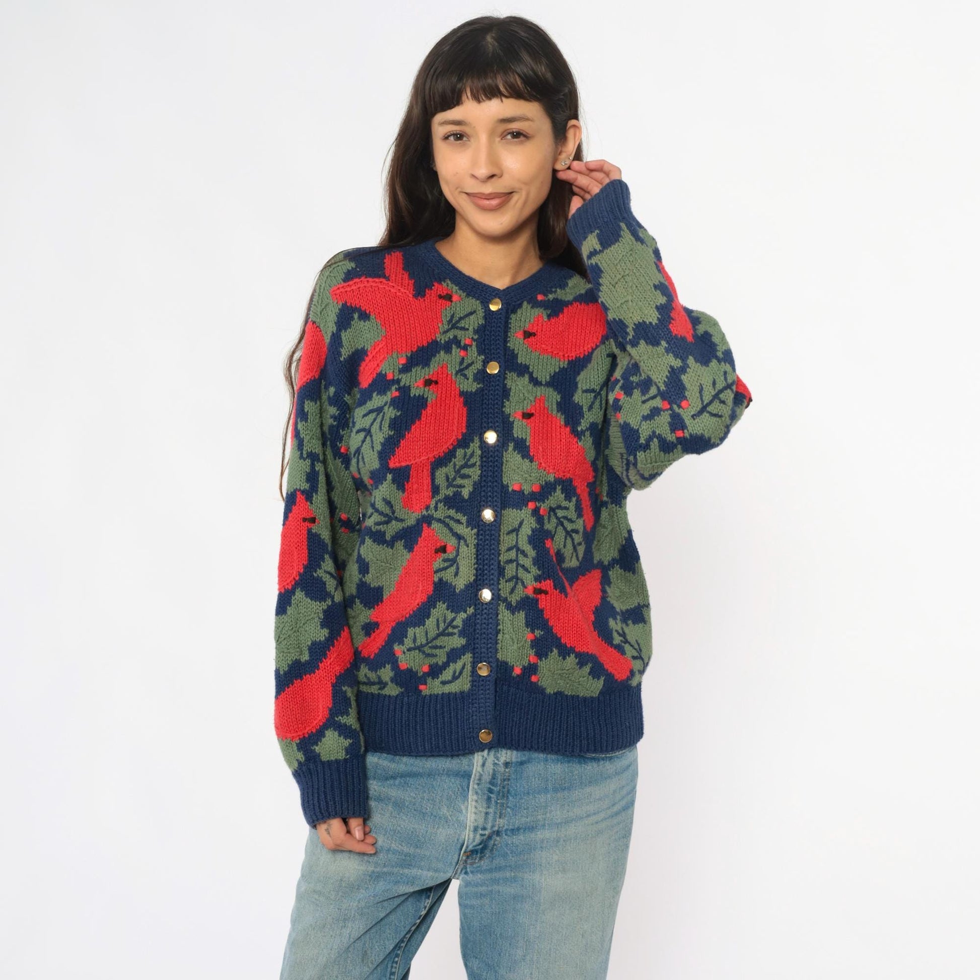 90s Orvis Cardinal Cardigan Navy Botanical Knit Large L