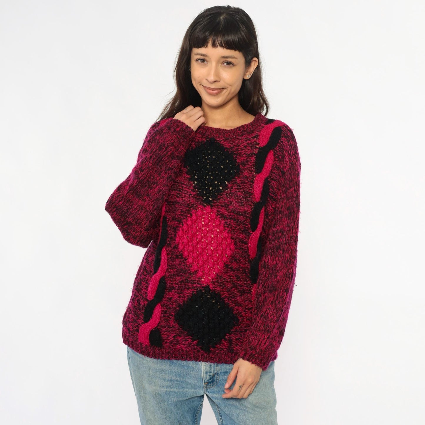80s Safret Burgundy Diamond Cable Knit Sweater Medium M