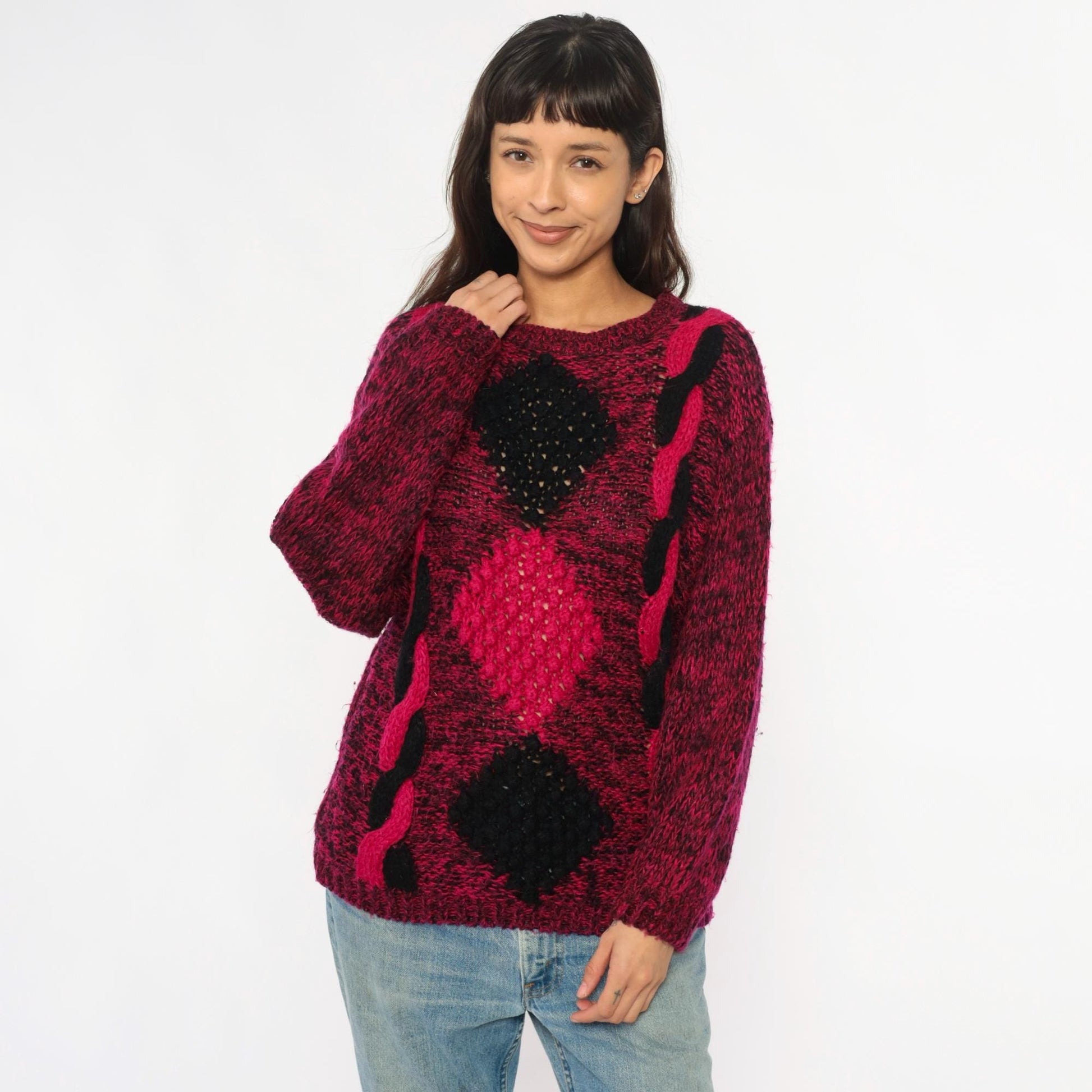 80s Safret Burgundy Diamond Cable Knit Sweater Medium M
