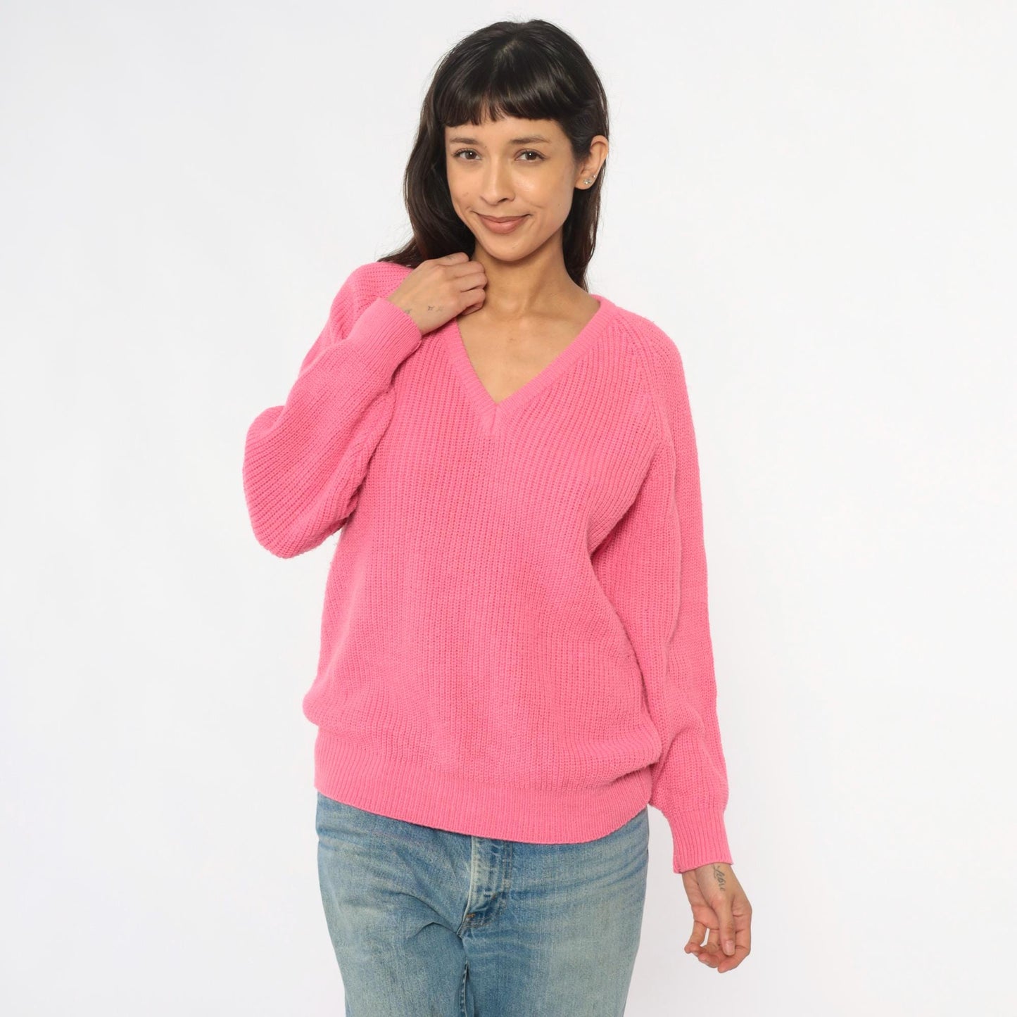 90s Pink V-Neck Sweater Ribbed Knit Pullover Jumper Large L