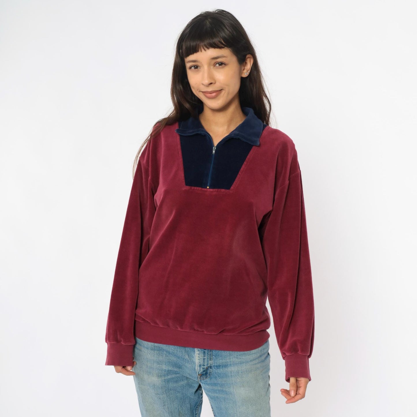 80s Velour Pullover Burgundy Navy Colorblock Half Zip Collared Track Top Medium