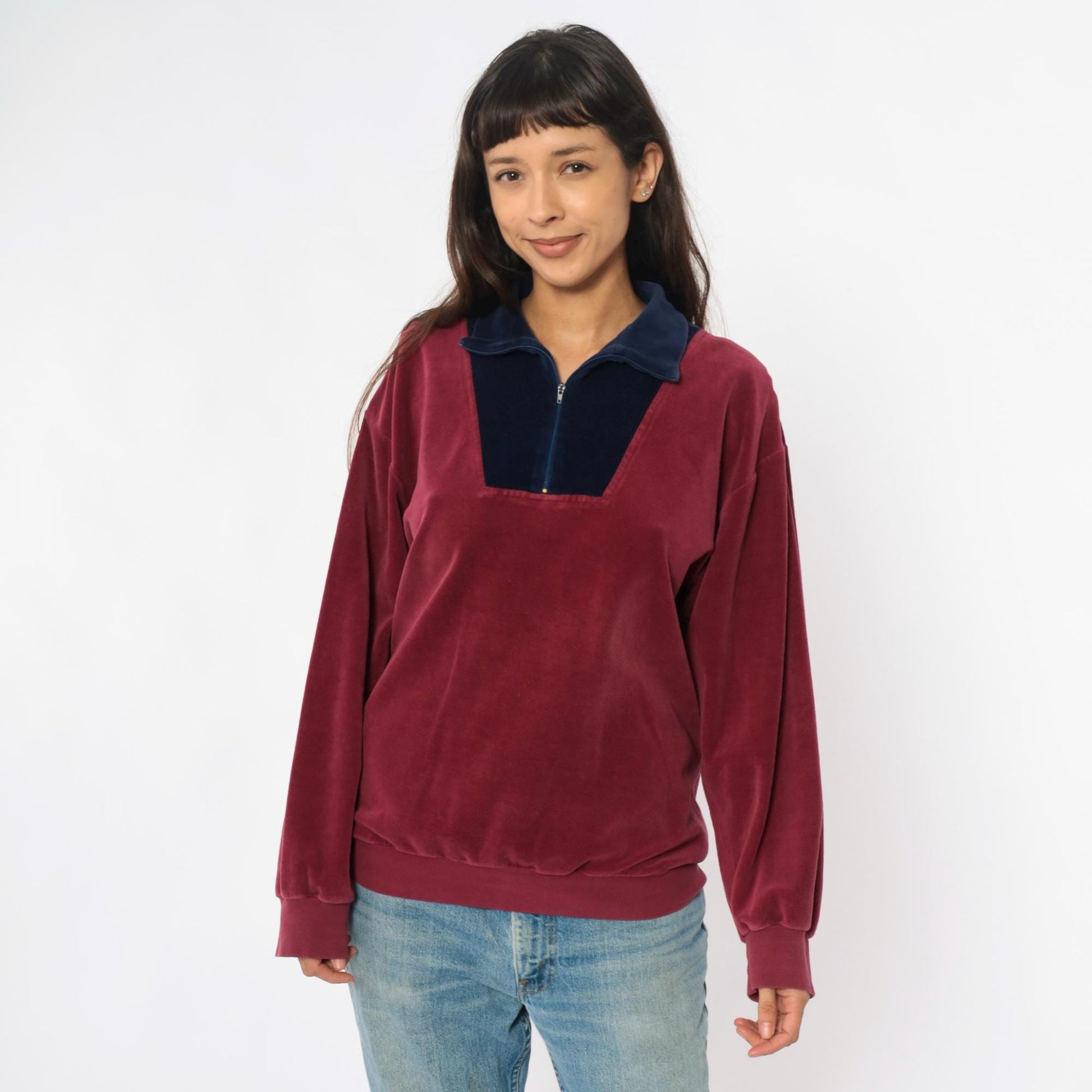 80s Velour Pullover Burgundy Navy Colorblock Half Zip Collared Track Top Medium