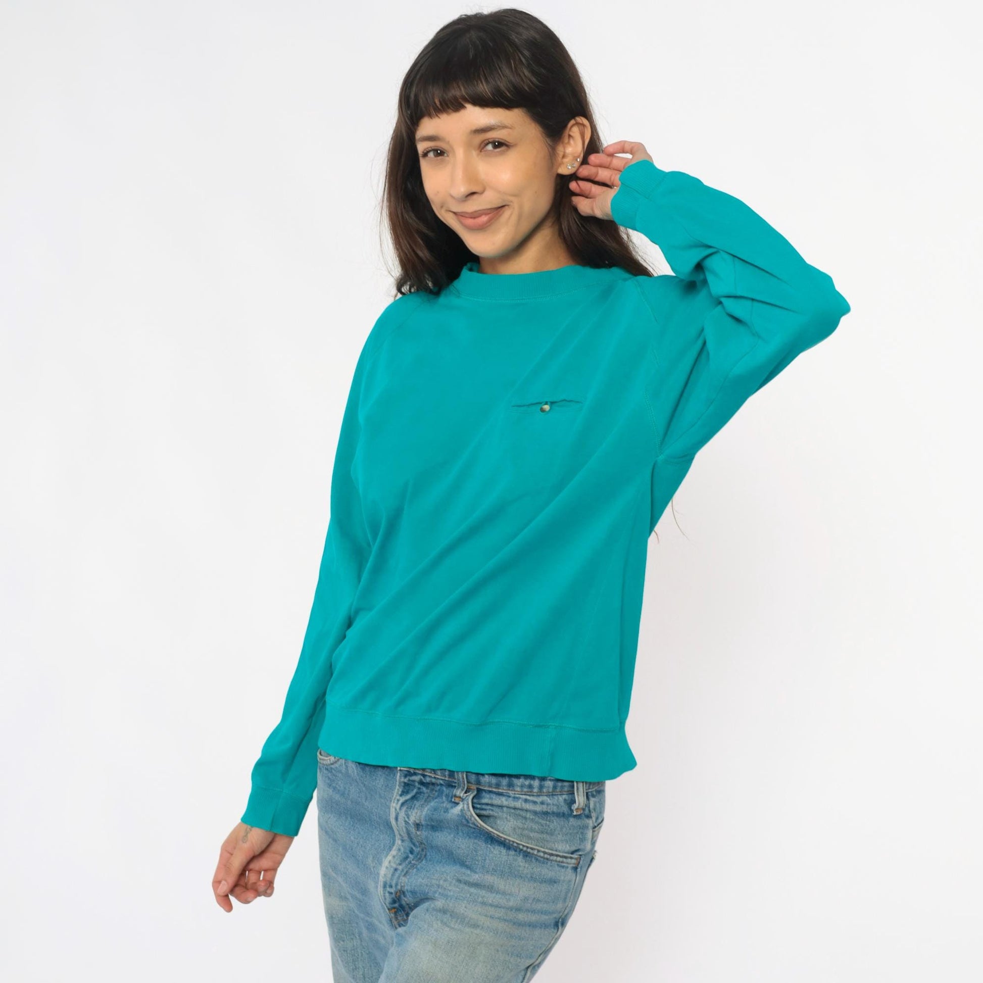 90s Turquoise Cotton Raglan Sweatshirt Pocket Button Detail Medium M