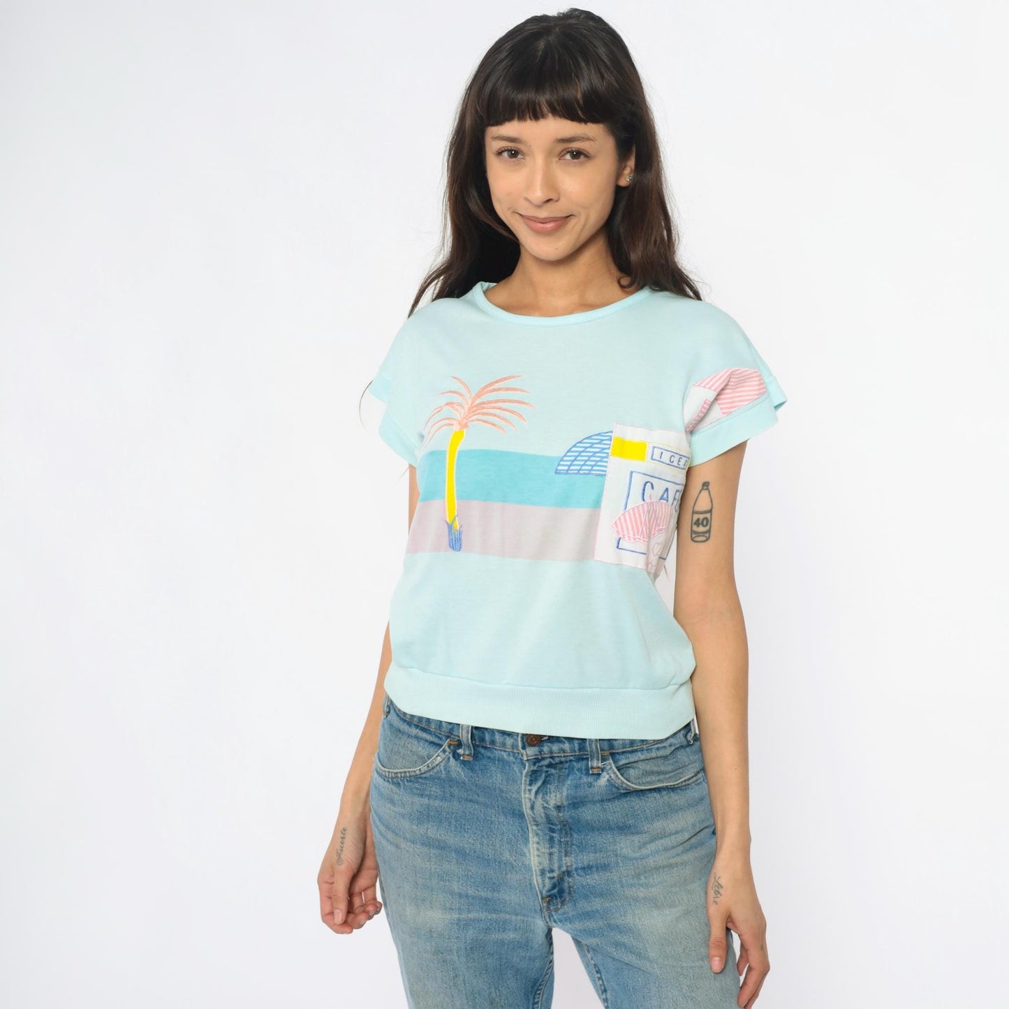 80s Beach Cafe Graphic Sweatshirt Mint Blue Cropped Pocket Medium