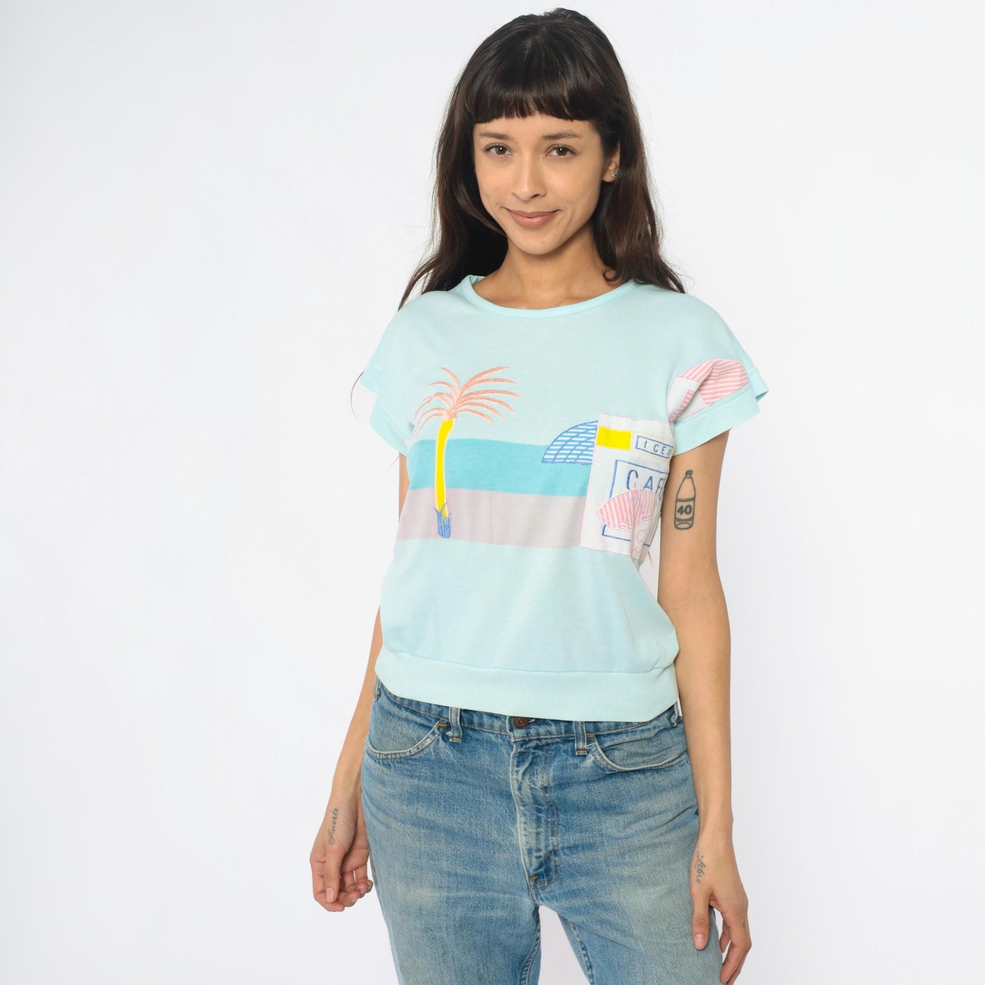 80s Beach Cafe Graphic Sweatshirt Mint Blue Cropped Pocket Medium