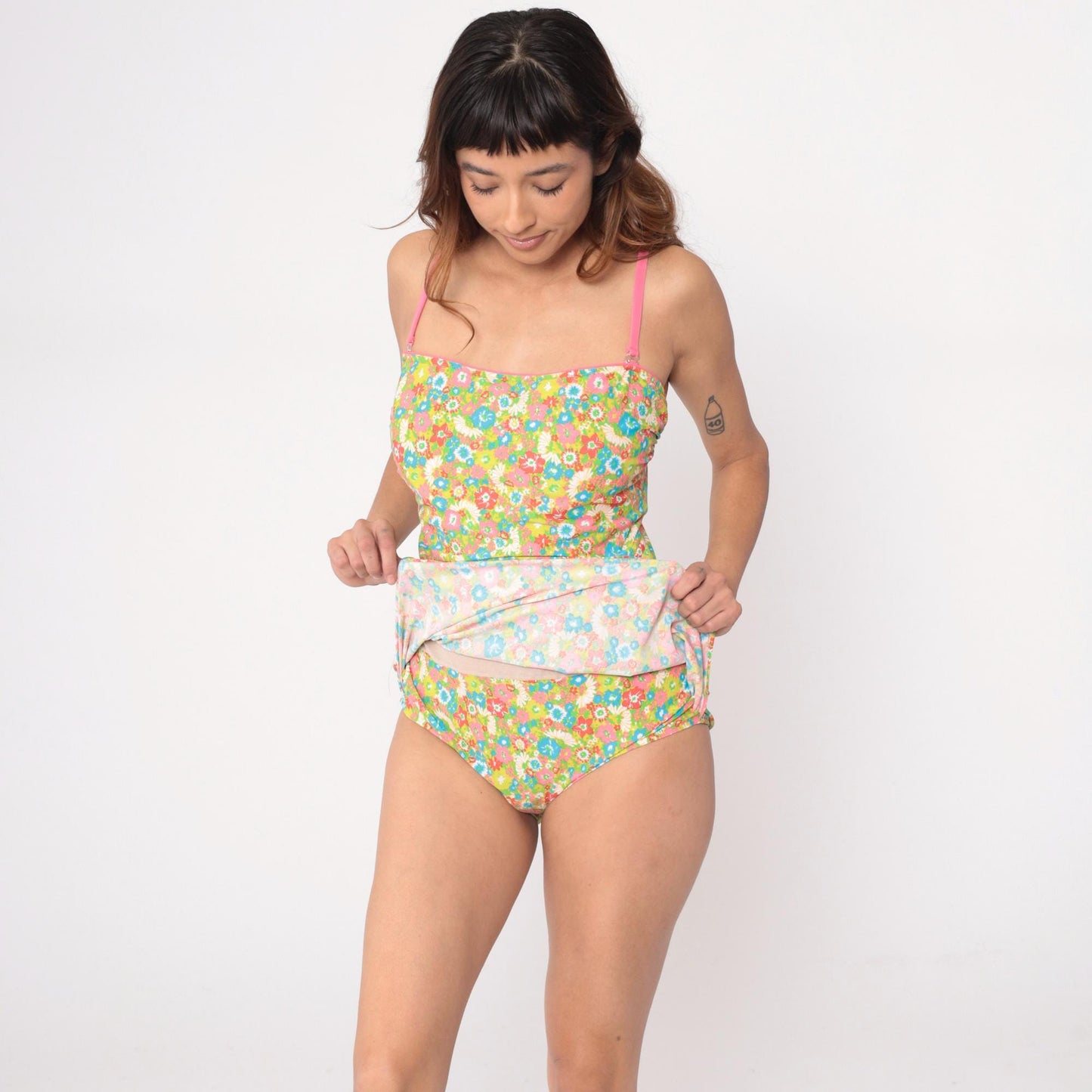80s Sea Waves Floral One-Piece Swimsuit Skirted Halter Multicolor Large