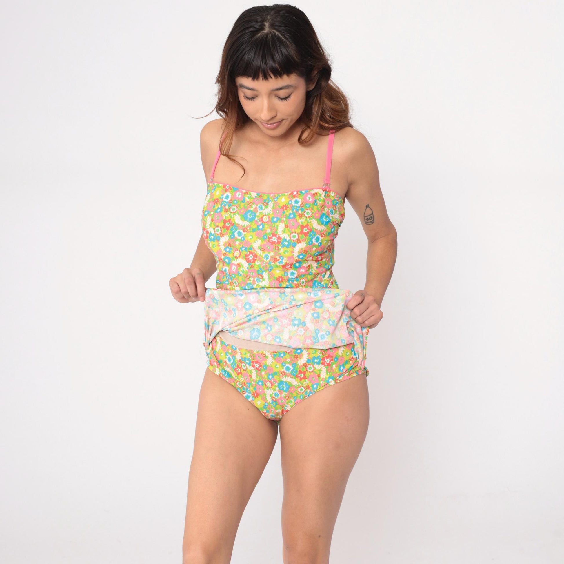 80s Sea Waves Floral One-Piece Swimsuit Skirted Halter Multicolor Large