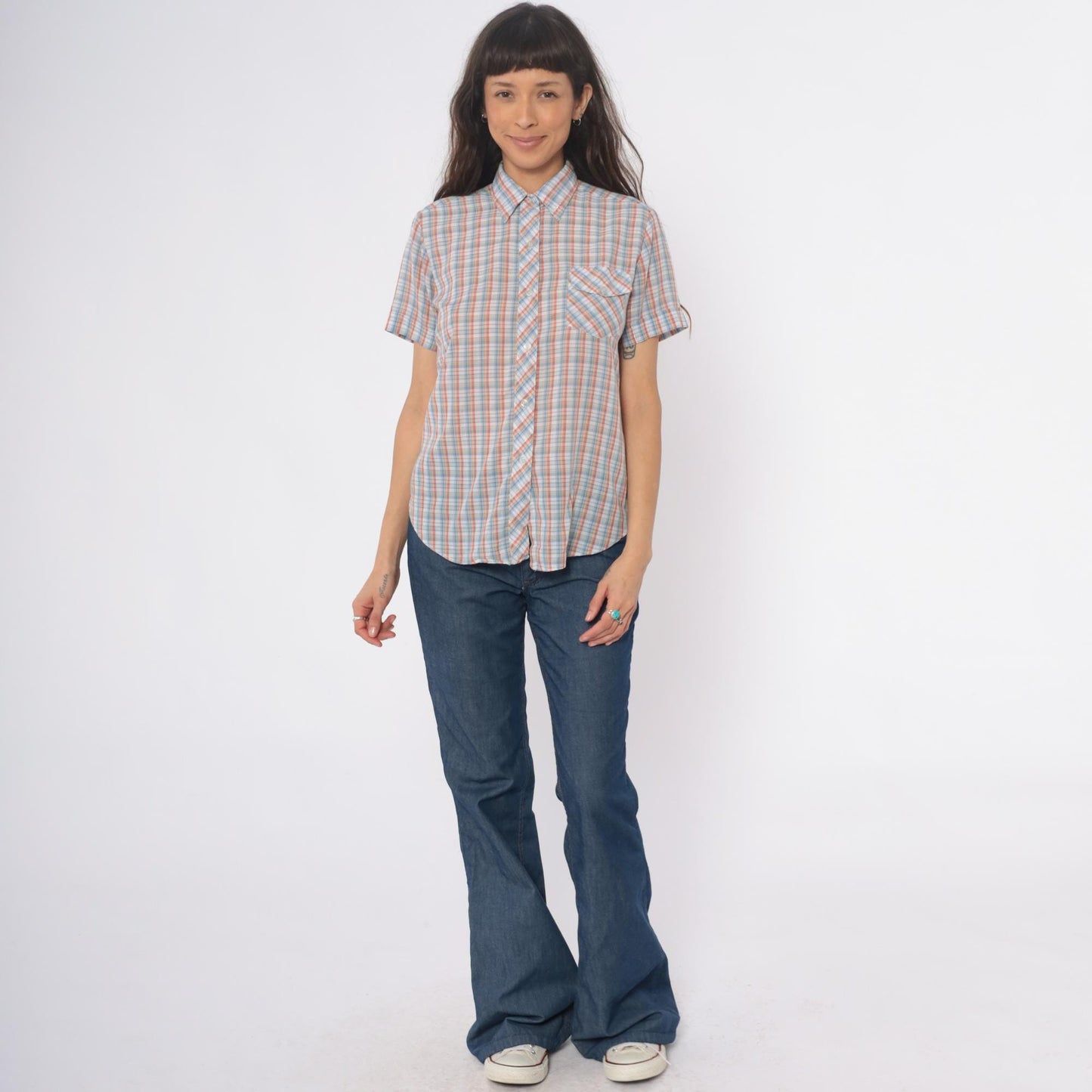 80s Plaid Button-Up Shirt Short Sleeve Pointed Collar Cotton Multicolor Medium