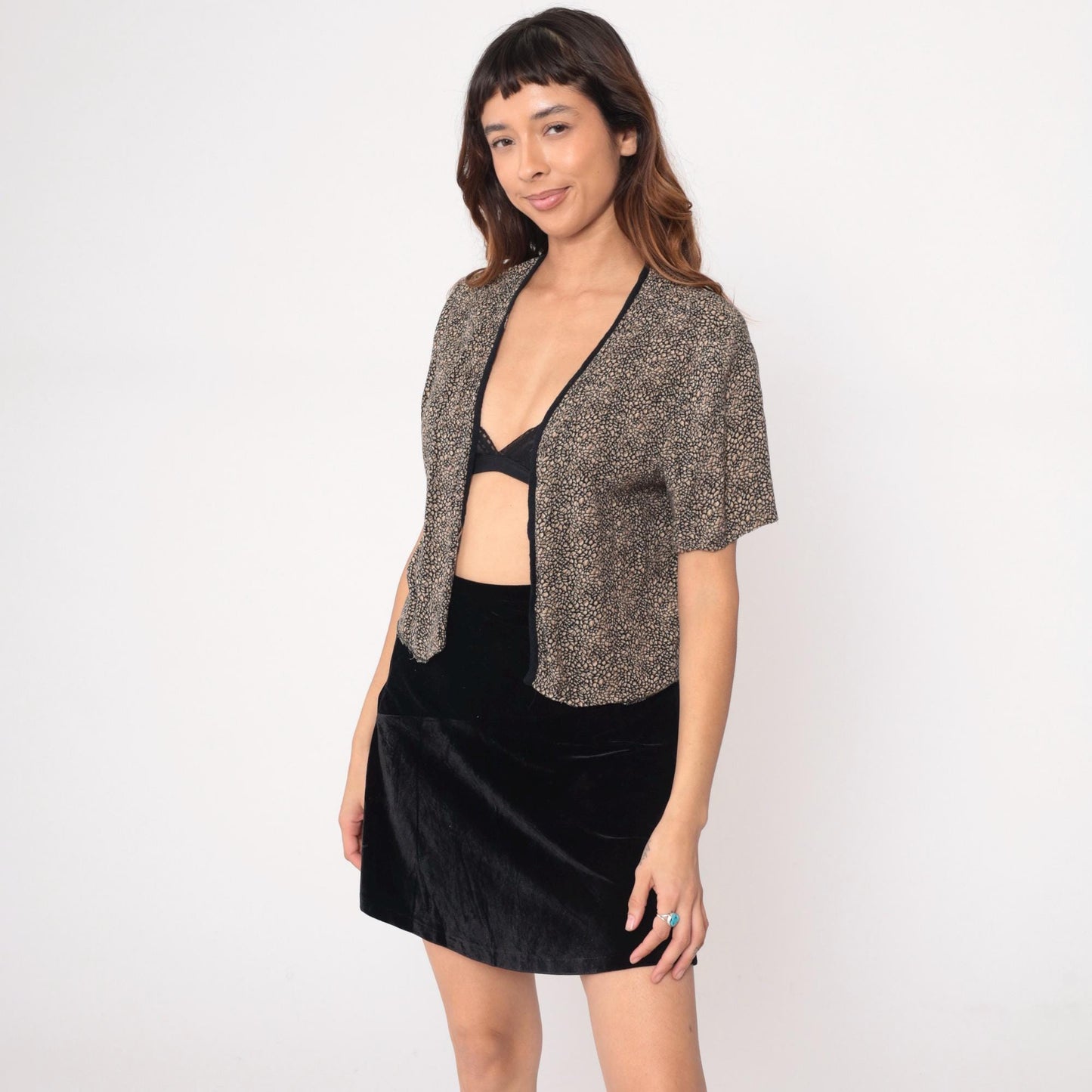90s Leopard Print Cropped Cardigan Shrug Black Tan Open Front Medium