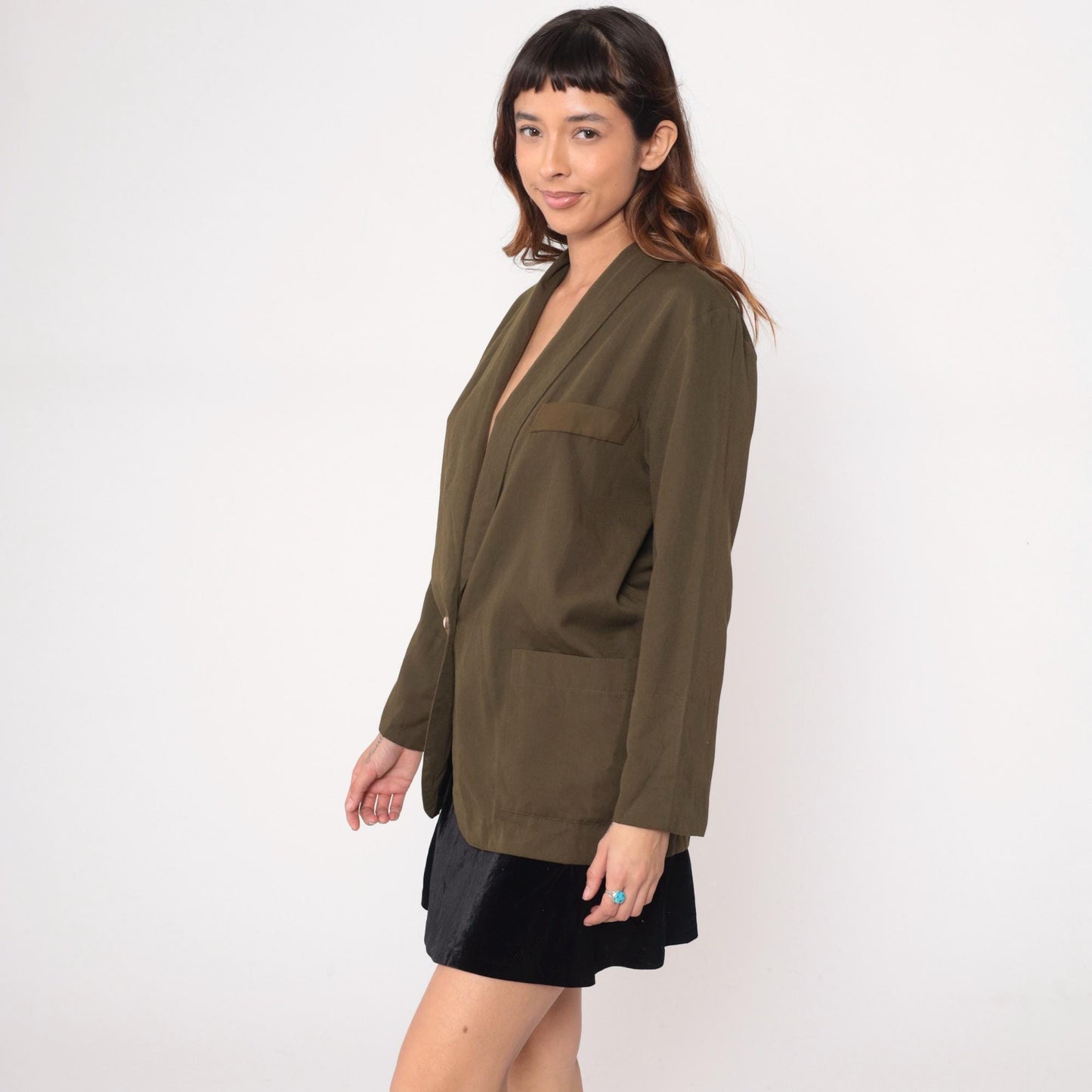 90s Olive Green Blazer Single Button Shawl Collar Jacket Medium M