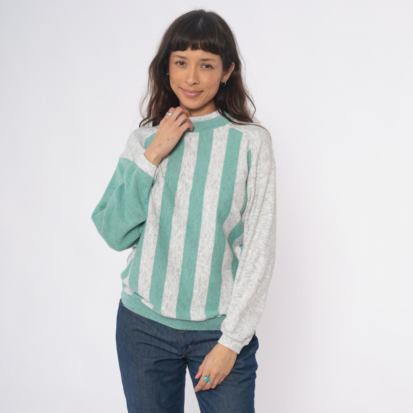 90s Aileen Petites Striped Mock Neck Sweatshirt Teal Grey Medium