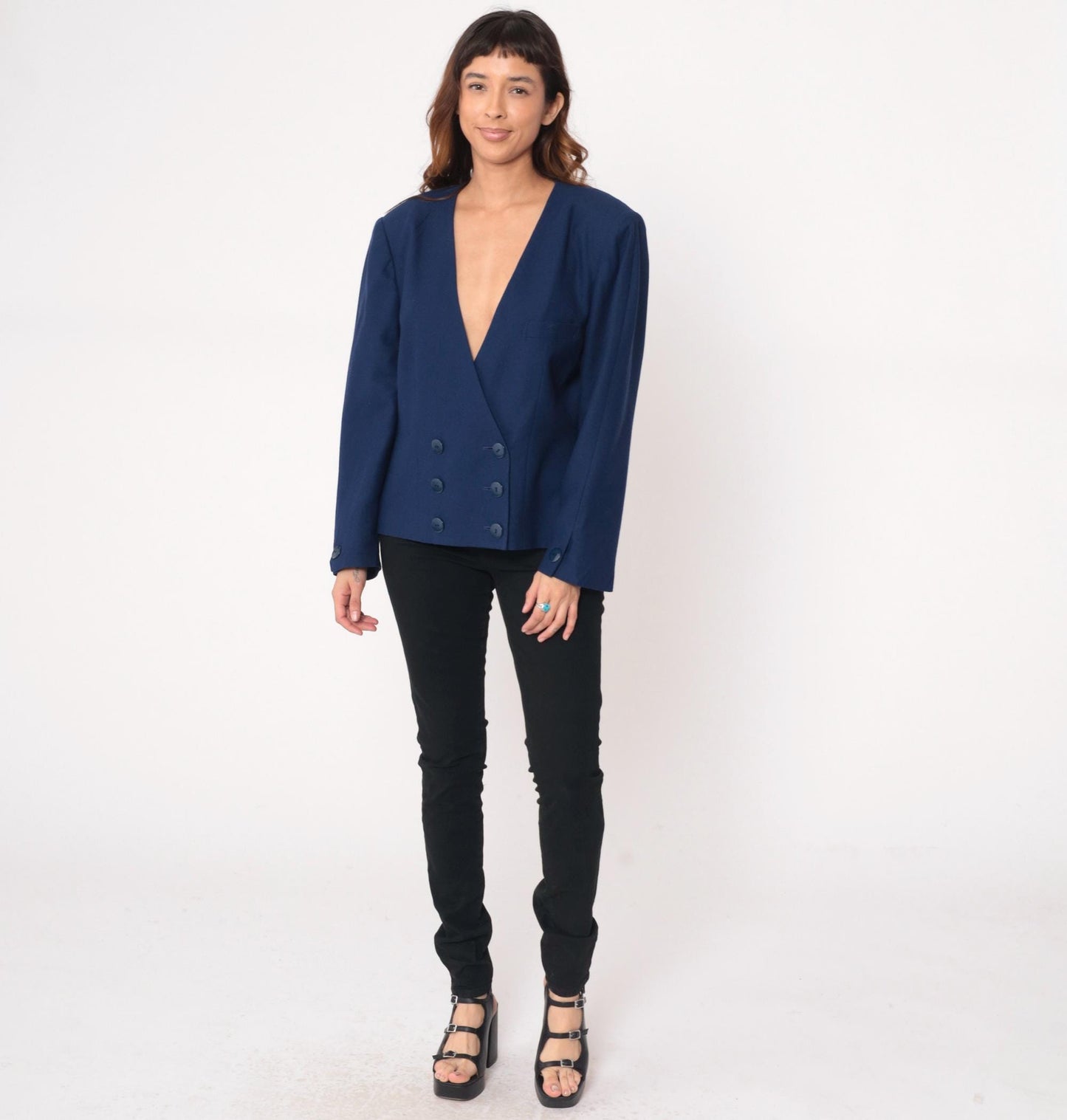 80s Saks Fifth Avenue Navy Wool Blazer Double Breasted Cropped Jacket Large L