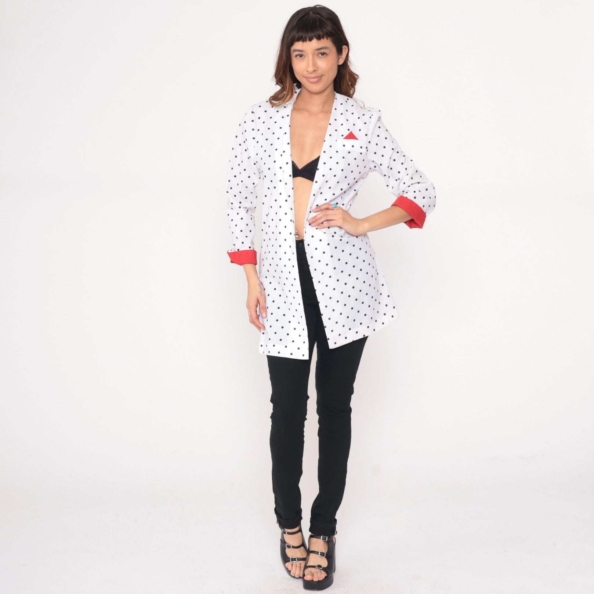 90s Just in Thyme Polka Dot Blazer White Black Red Cuffs Medium M