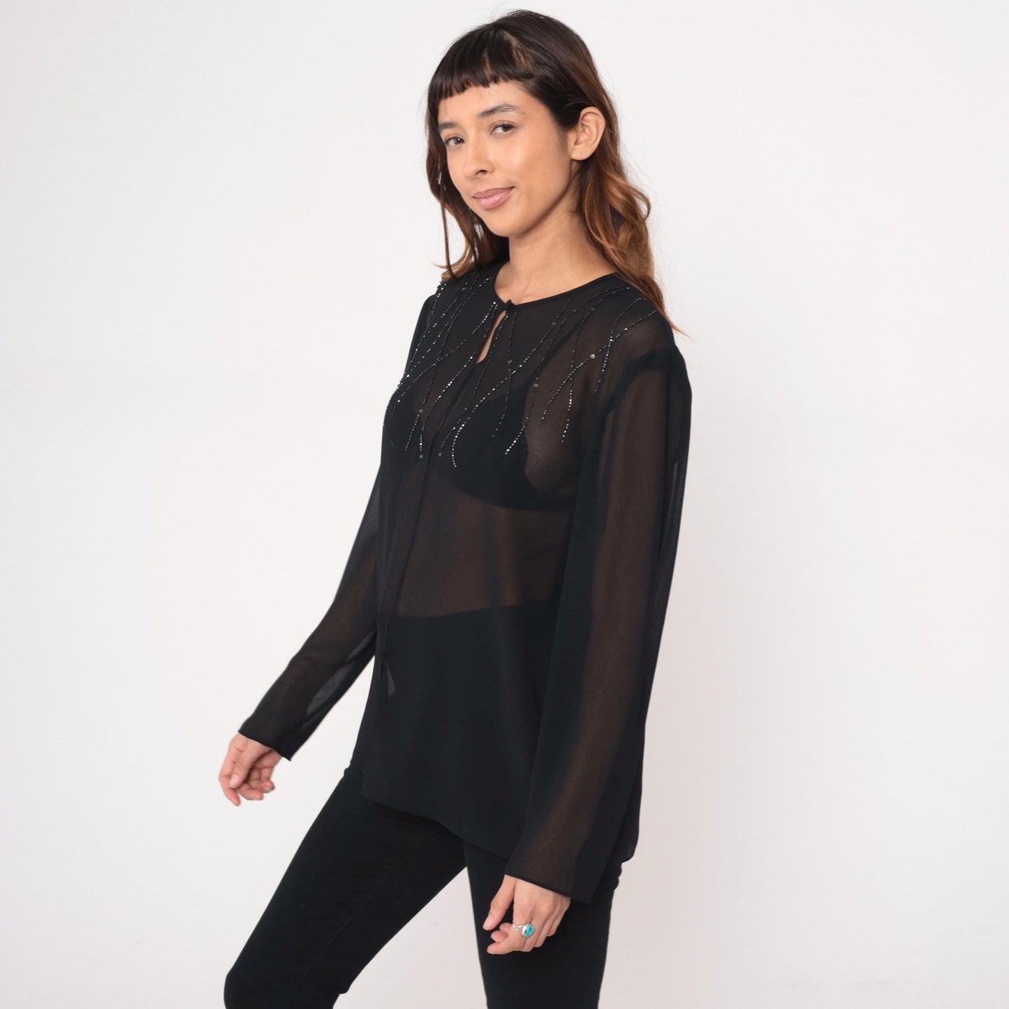 90s Adrianna Papell Black Beaded Blouse Keyhole Neckline Sheer Large L