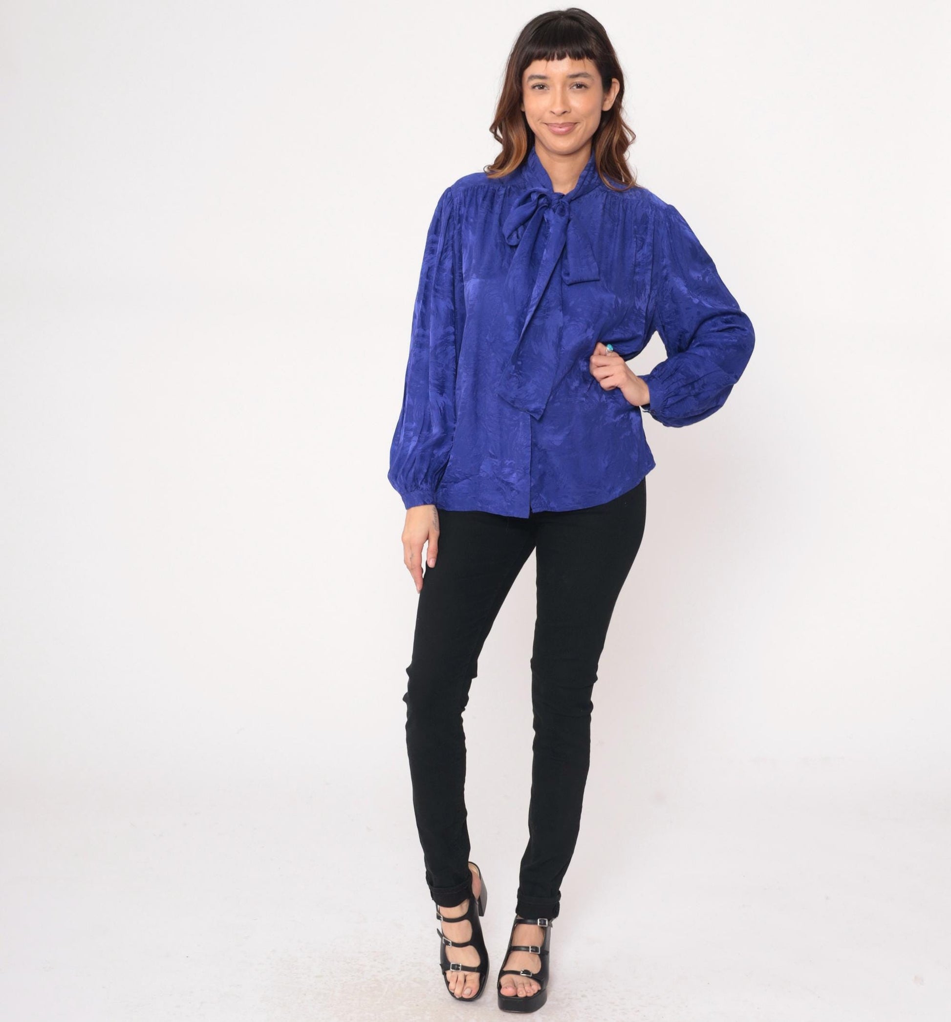 90s Argenti Royal Blue Silk Blouse Pussy Bow Tie Neck Gathered Shoulders Large L