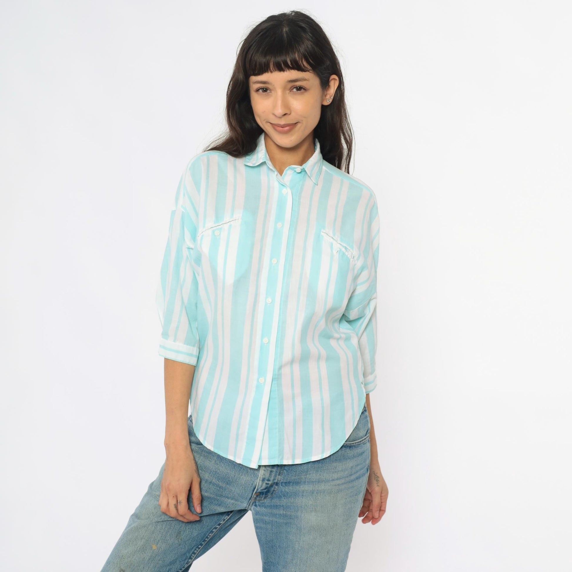 80s Diane von Furstenberg Mint Striped Button-Up Shirt Small S