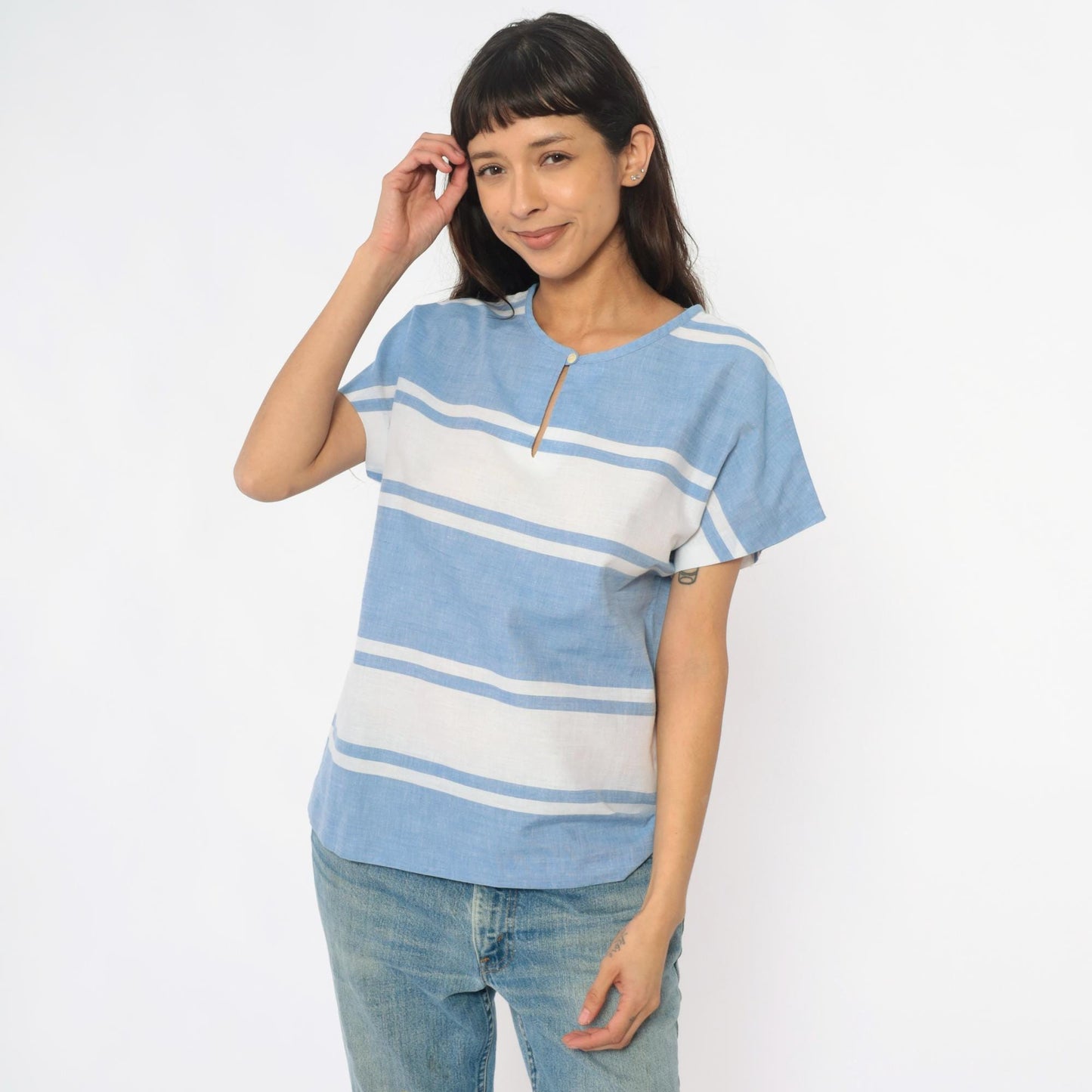 80s Graff Sport Blue White Striped Top Keyhole Neckline Small S