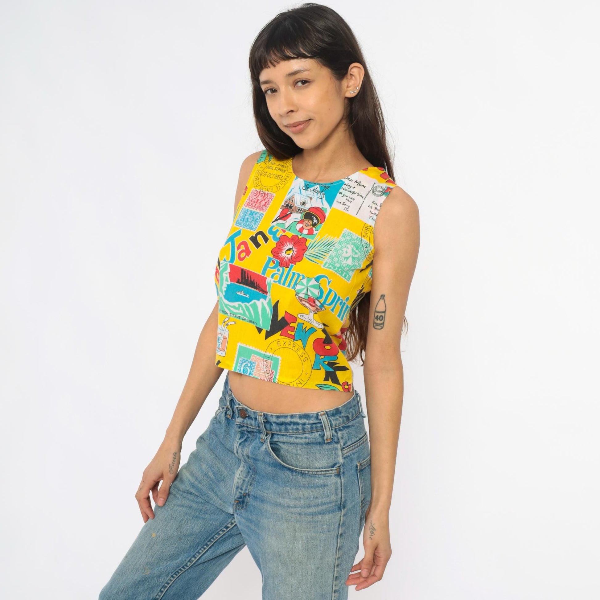 90s Yellow Crop Tank Postcard Print Novelty Sleeveless Top Extra Small XS