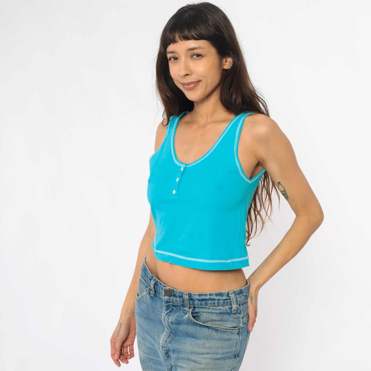 90s Turquoise Crop Tank Top Henley Racerback Cotton Fitted Small S