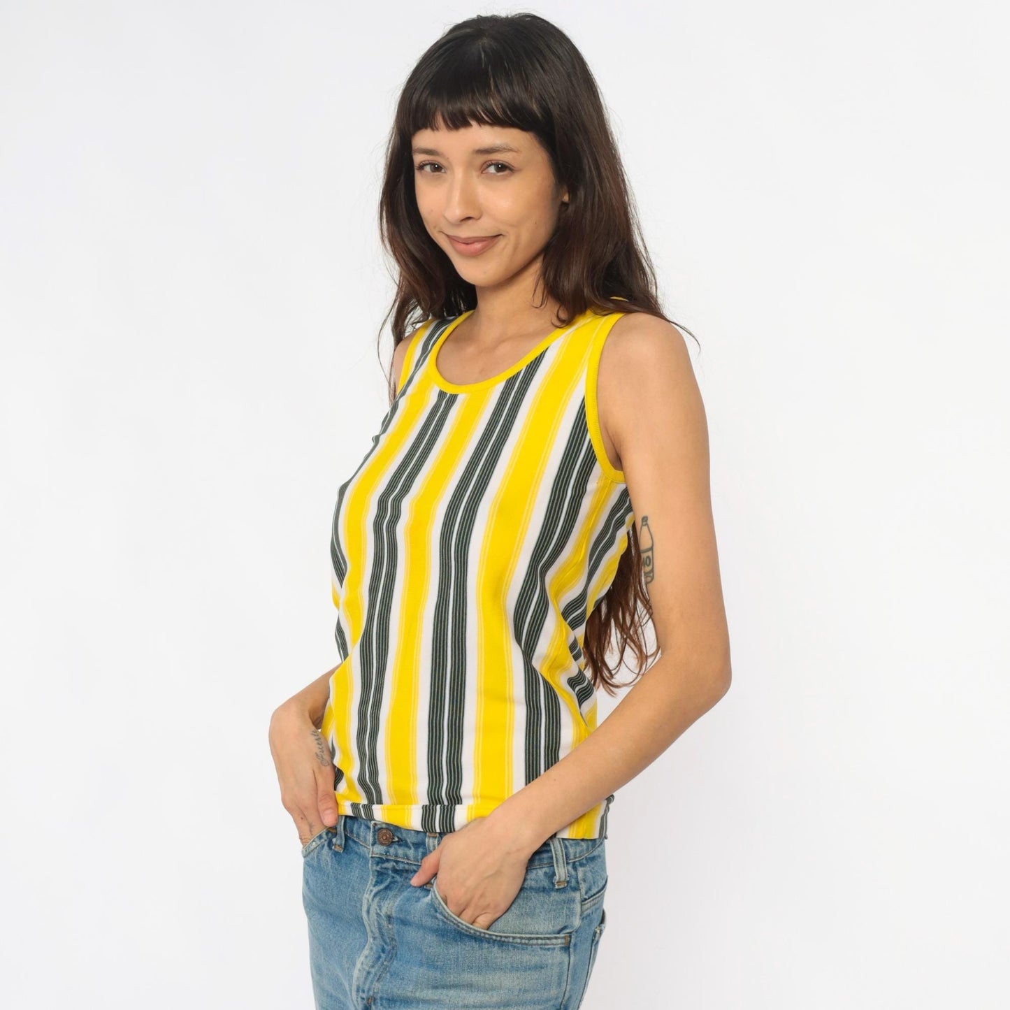 70s Yellow Black White Vertical Stripe Tank Top Scoop Neck Extra Small XS