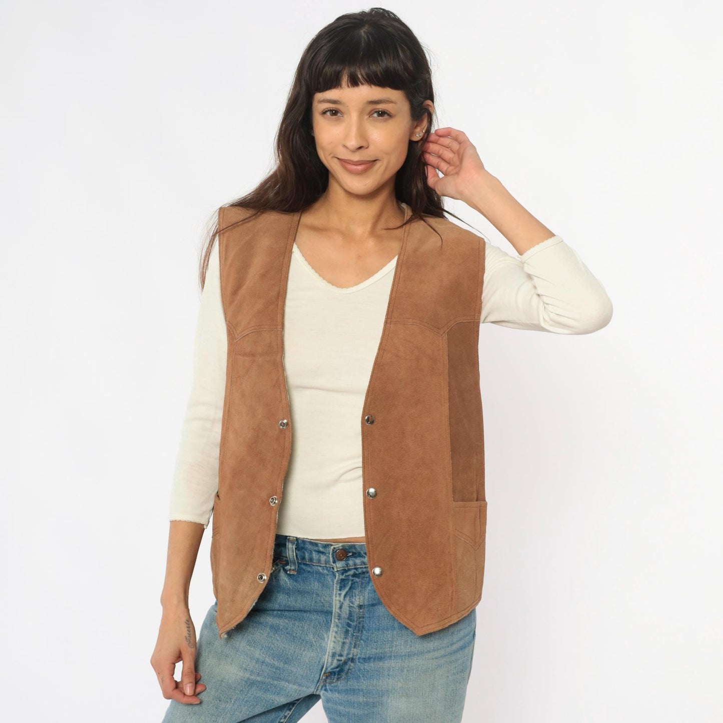 80s Brown Suede Vest Shearling Lined Snap Button Western Waistcoat Large L