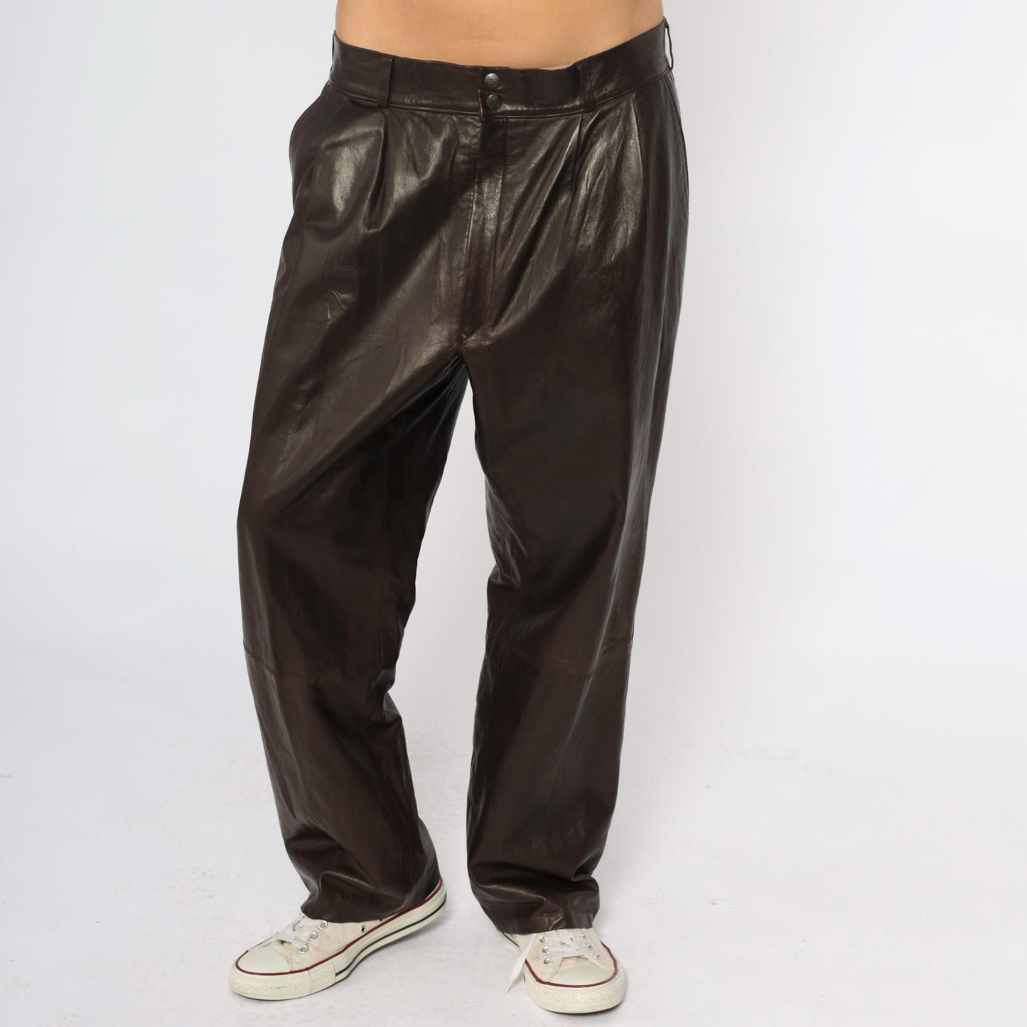 90s Sara Edan Leather Pants Brown High Rise Wide Leg Pleated 36x28