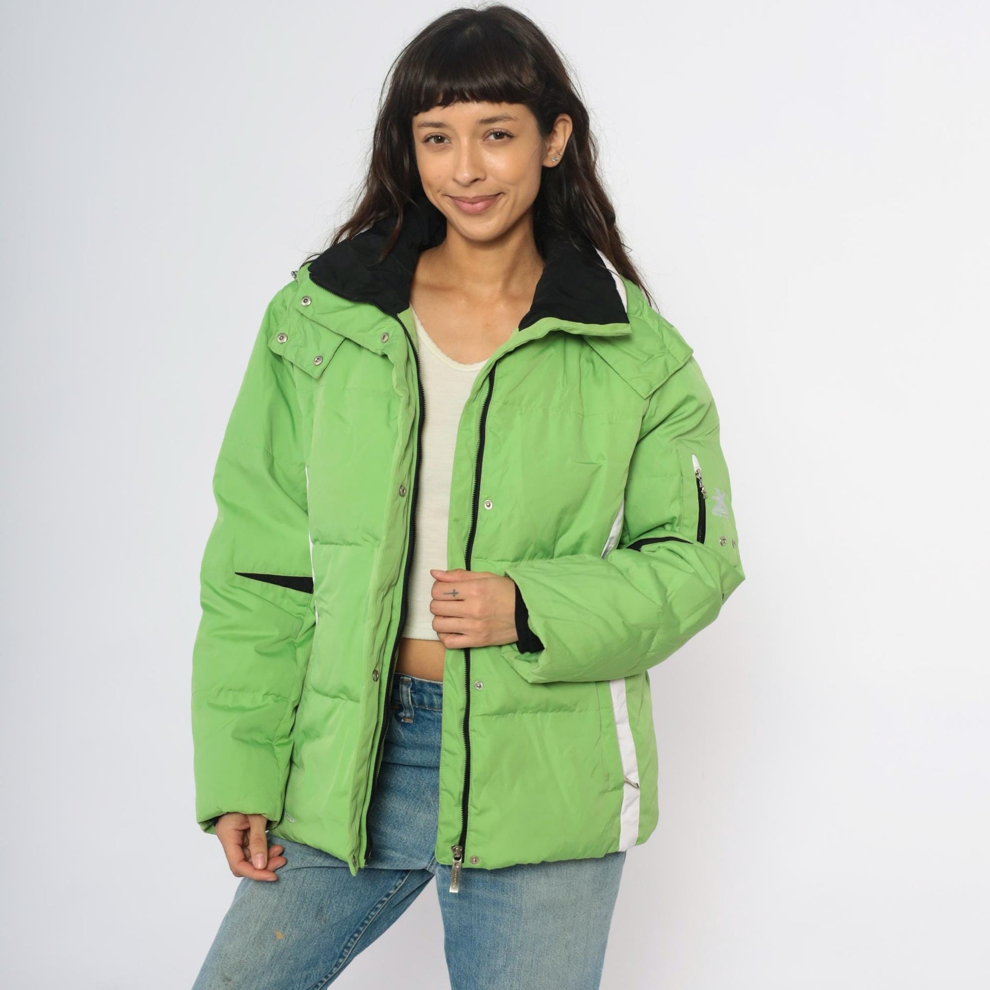 Y2K Zero Xposur Lime Green Colorblock Ski Jacket Hooded Puffer Extra Large