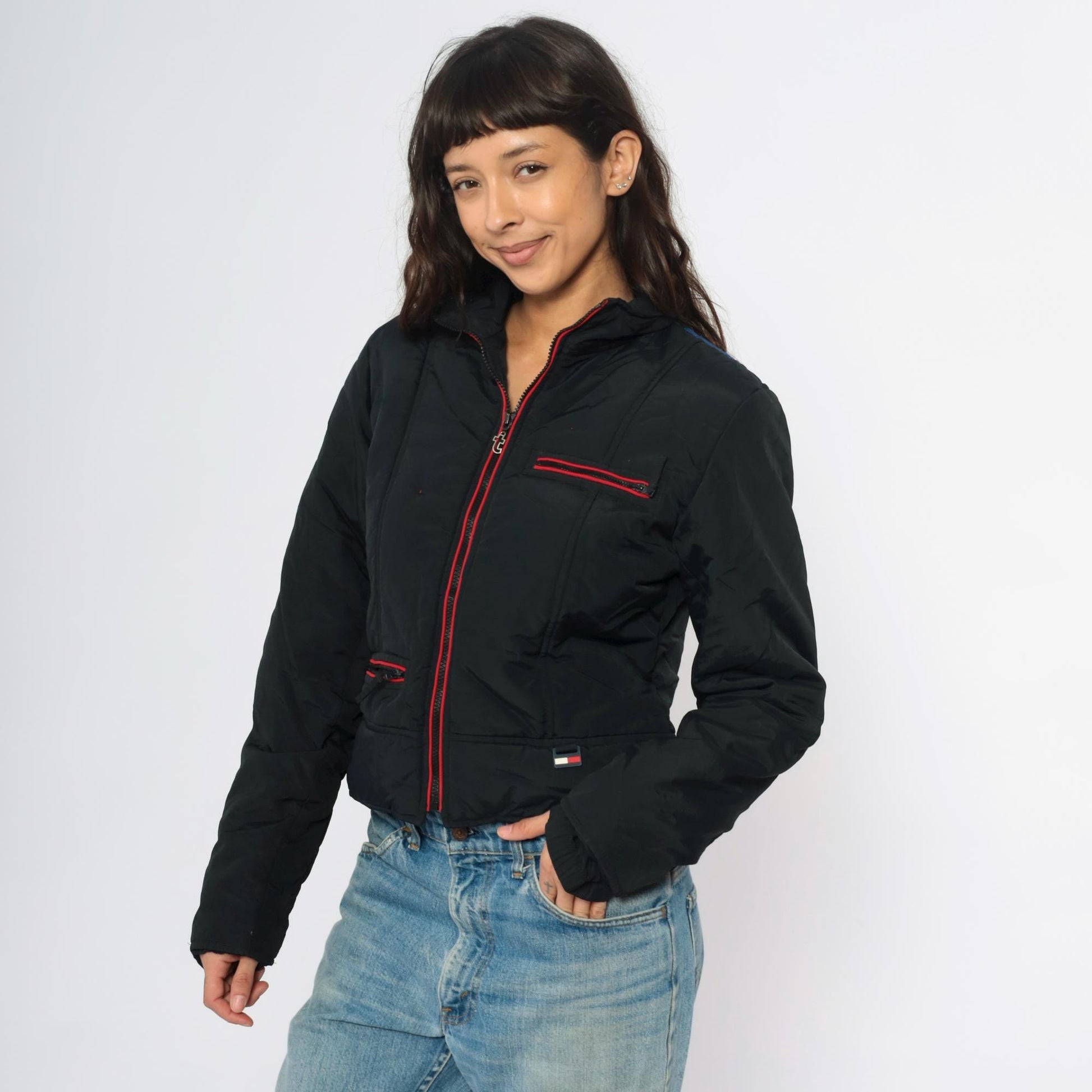 Y2K Tommy Jeans Rainbow Stripe Puffer Jacket Black Cropped Bomber Extra Small XS