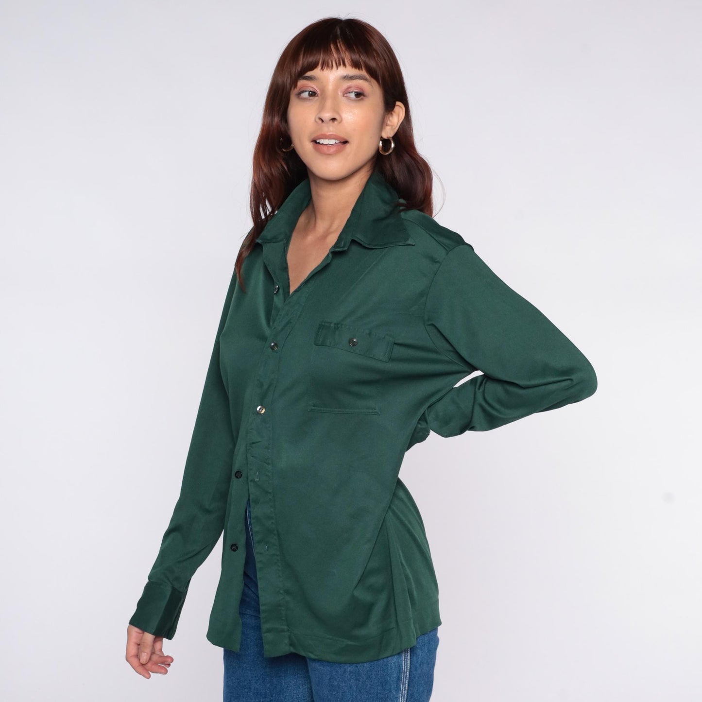 70s Joel Forest Green Button-Up Shirt Long Sleeve Chest Pocket Large