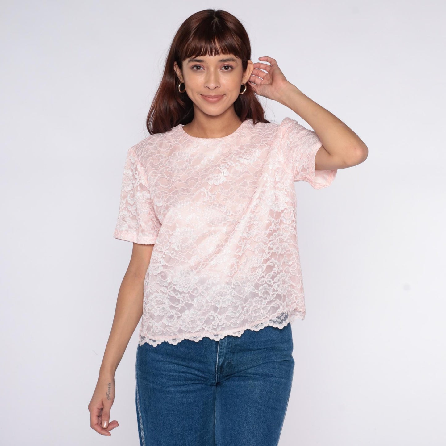 80s Appleseed's Pink Lace Blouse White Floral Scalloped Keyhole Back Medium M